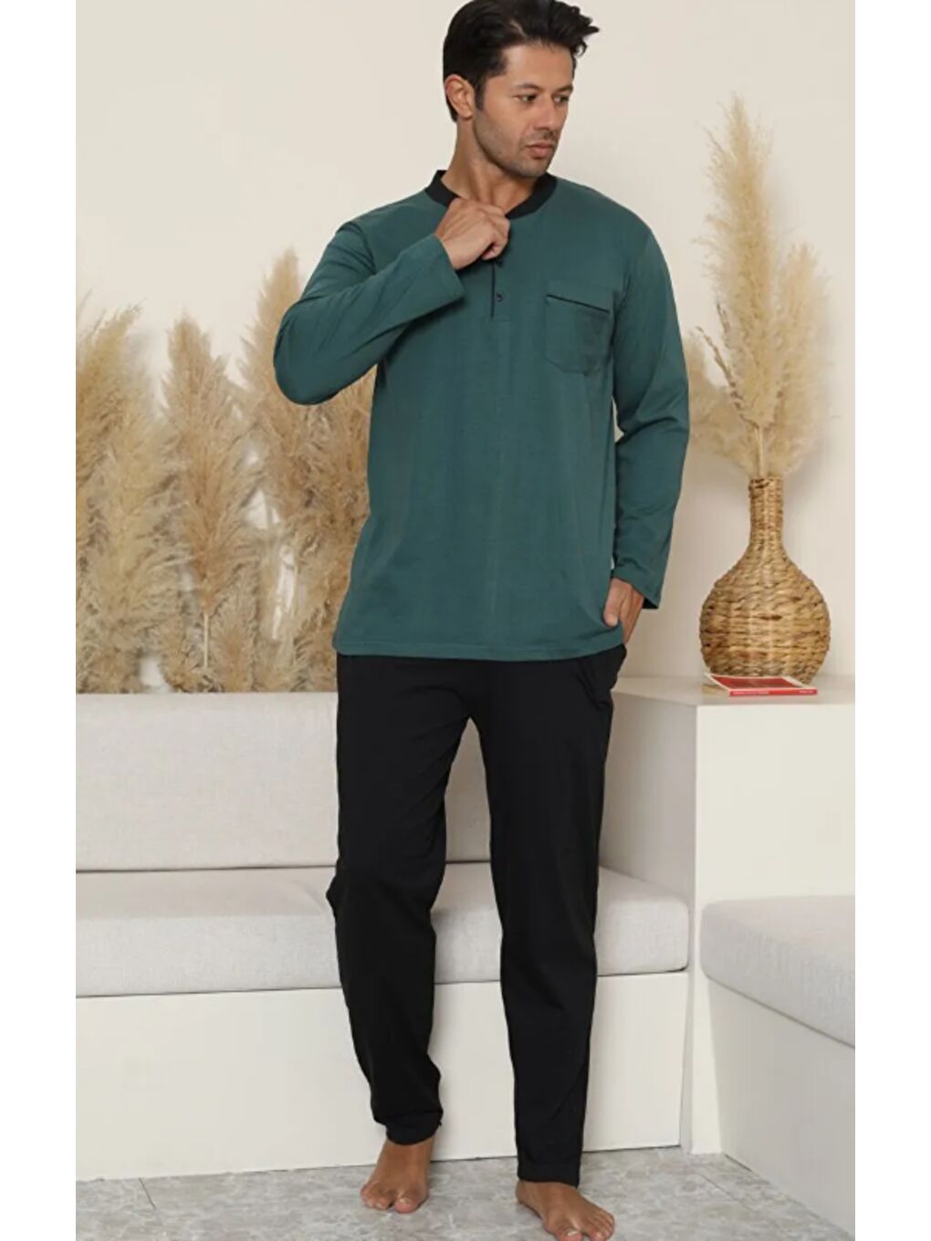 Erkek Haki %100 Organik Doğal Pamuk Yüksek Kalite Düğmeli Uzun Kollu Büyük Beden Pijama Takımıı