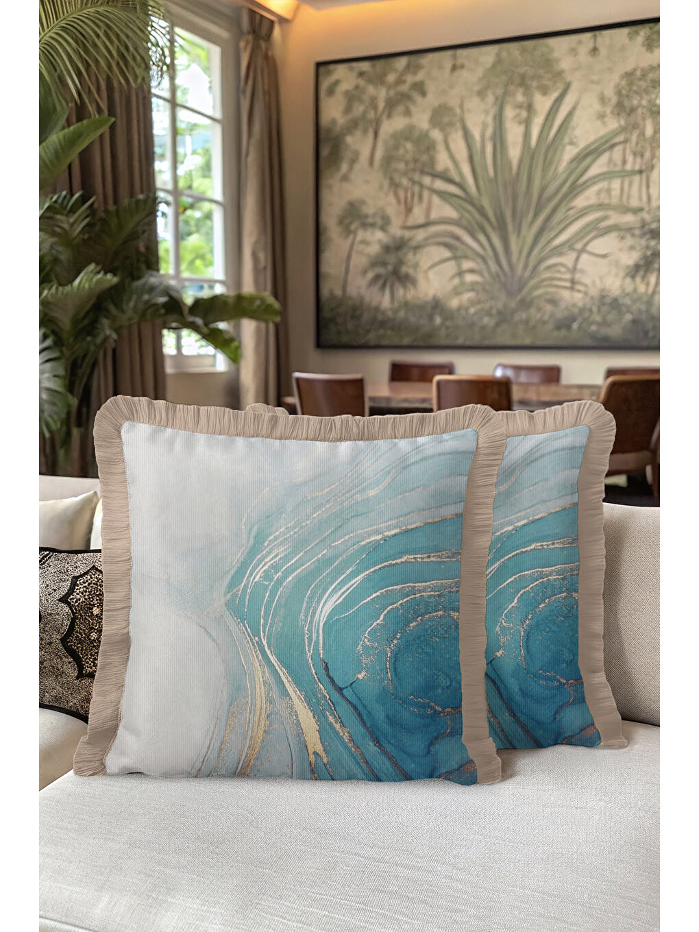 Karışık Mermer Efektli Saçaklı Yastık Kılıfı - Modern Altın Renkli Mavi Püsküllü Kırlent Kılıfı-5