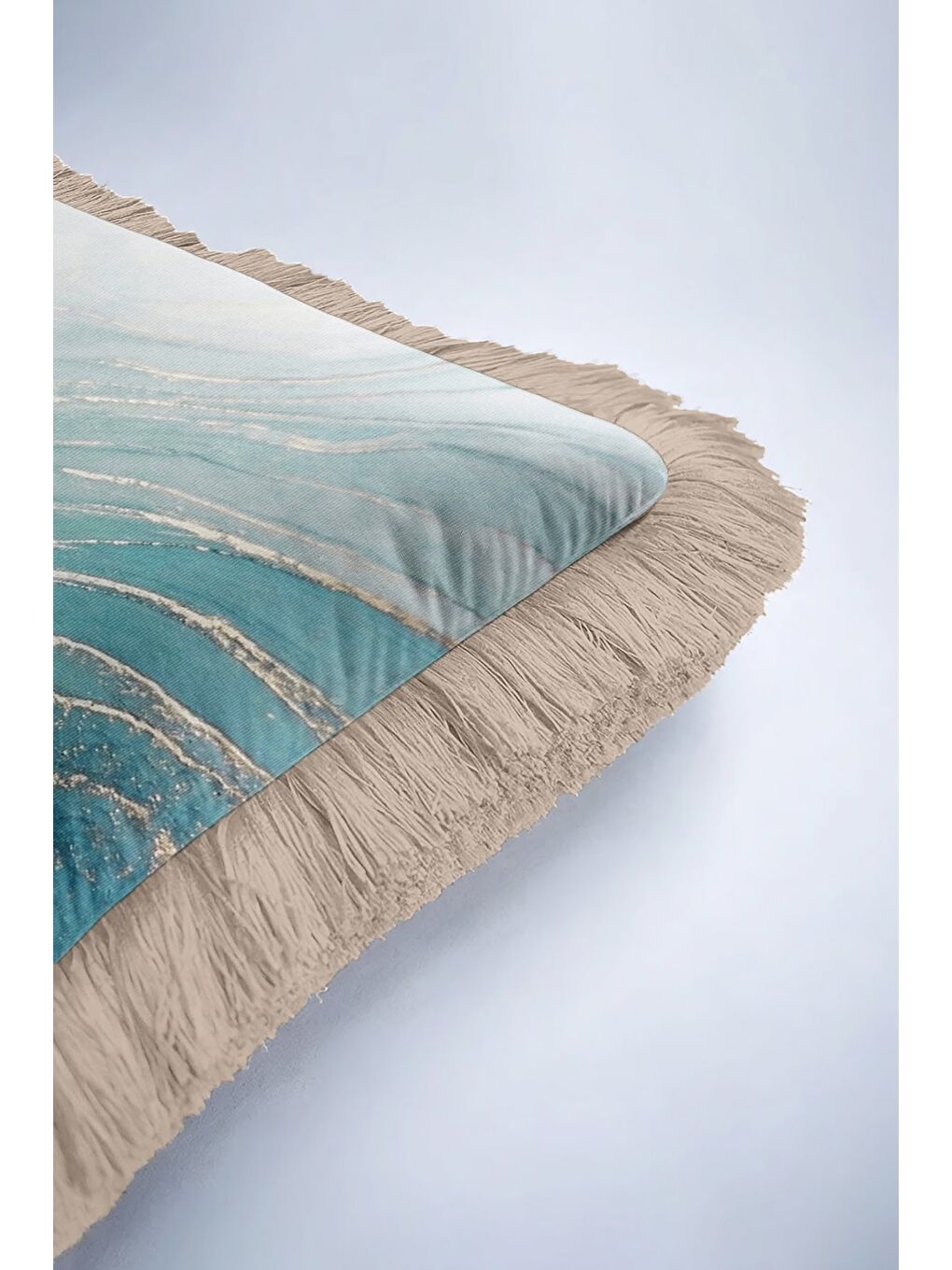 Karışık Mermer Efektli Saçaklı Yastık Kılıfı - Modern Altın Renkli Mavi Püsküllü Kırlent Kılıfı-6