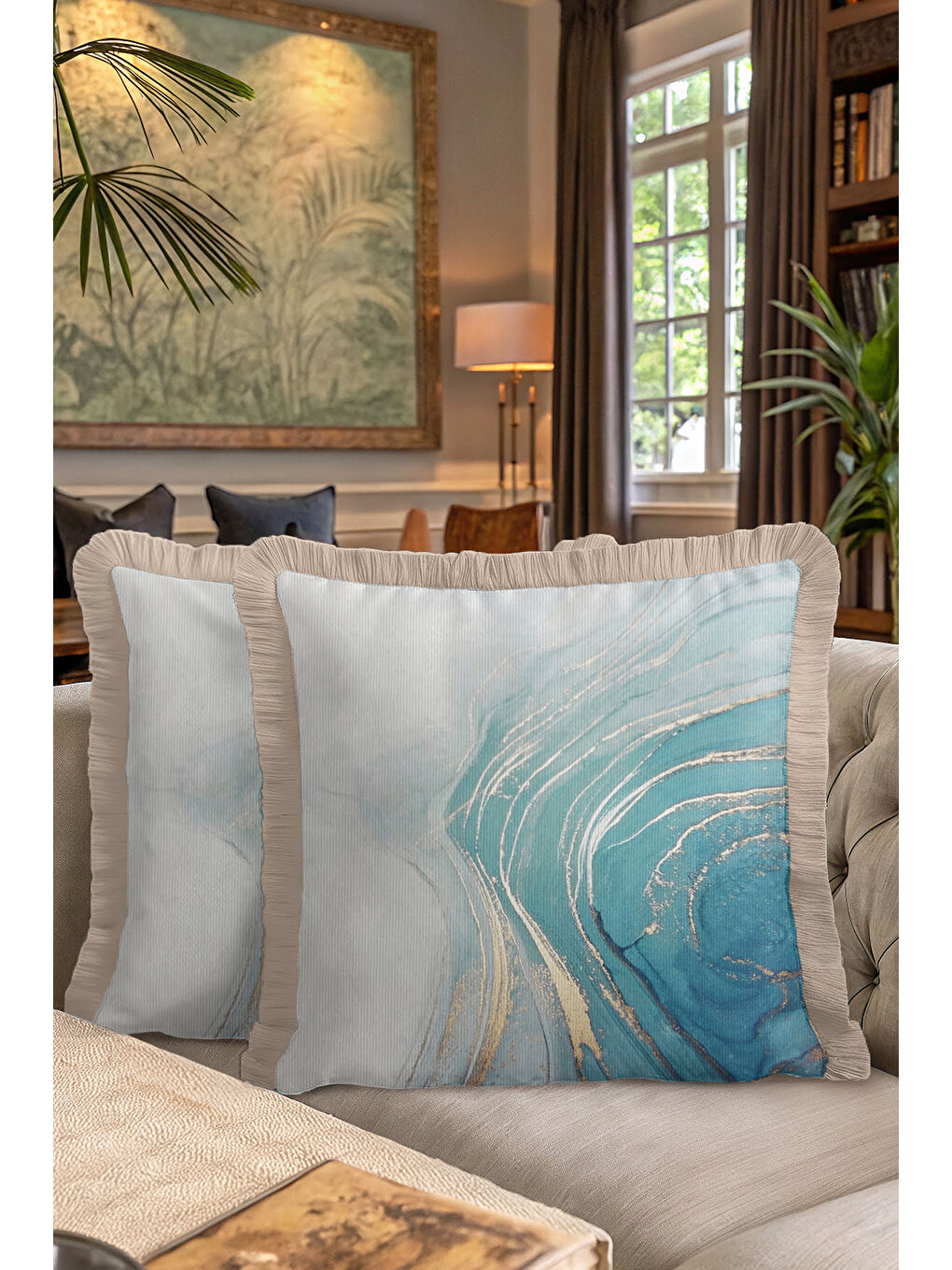 Karışık Mermer Efektli Saçaklı Yastık Kılıfı - Modern Altın Renkli Mavi Püsküllü Kırlent Kılıfı-7
