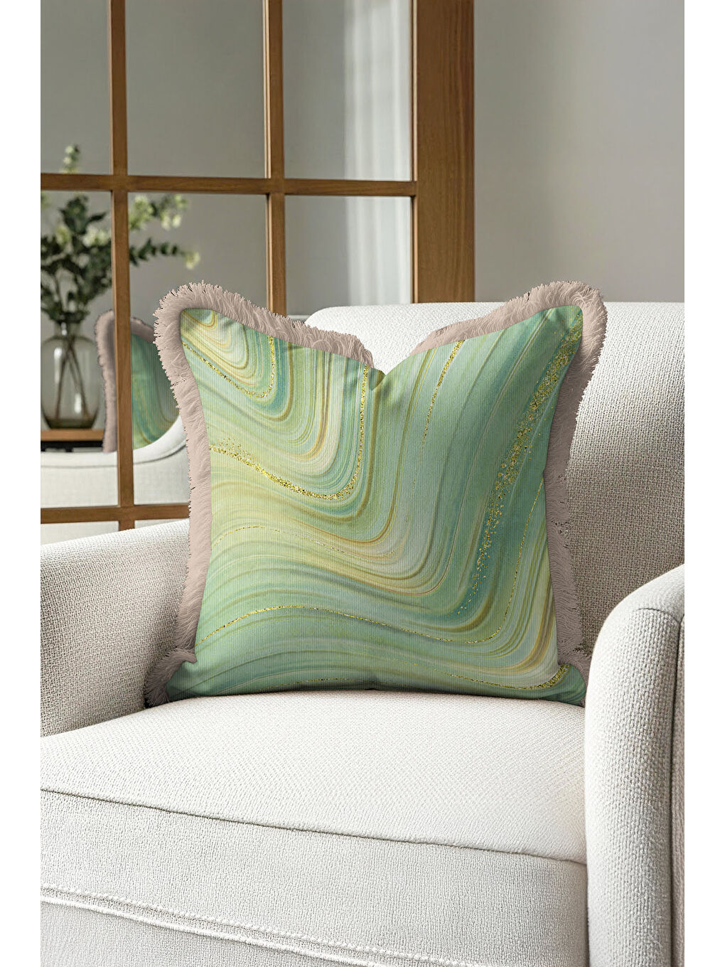 Karışık Mermer Efektli Lüks Saçaklı Yastık Kılıfı - Doğal Bohem Yeşil Altın Renkli Püsküllü Kırlent Kılıfı-1