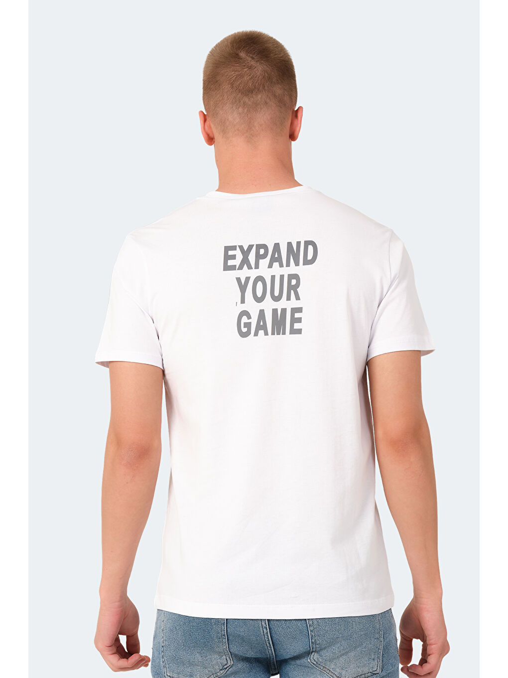 Beyaz Bisiklet Yaka Kısa Kollu Arkası Yazı Baskılı Erkek %100 Pamuk Tişört-1