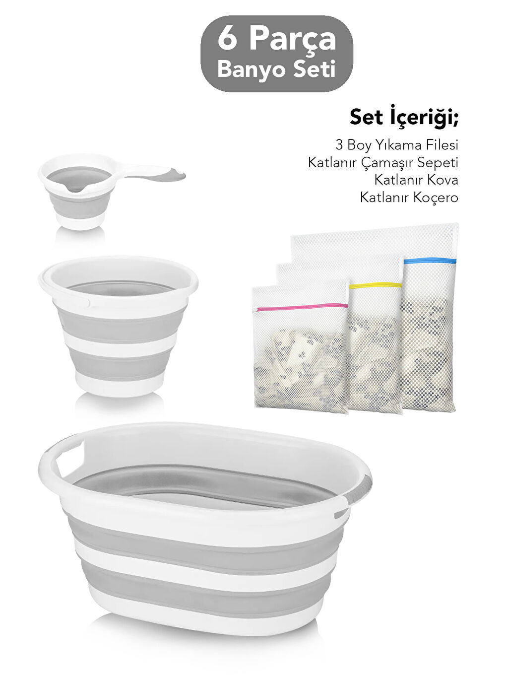 Gri 6'lı Katlanır Çamaşır Sepeti