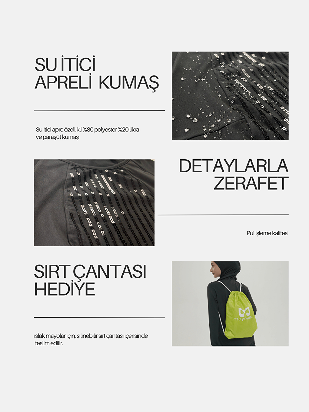 Siyah Pul İşlemeli Kapalı Mayo Üstü-8