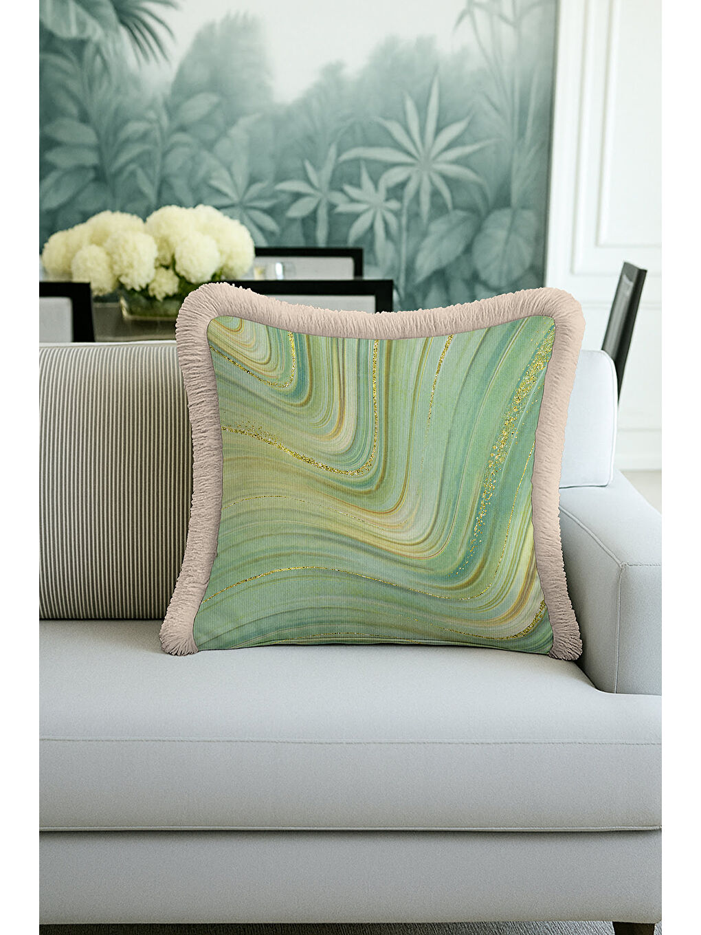 Karışık Mermer Efektli Lüks Saçaklı Yastık Kılıfı - Doğal Bohem Yeşil Altın Renkli Püsküllü Kırlent Kılıfı-3