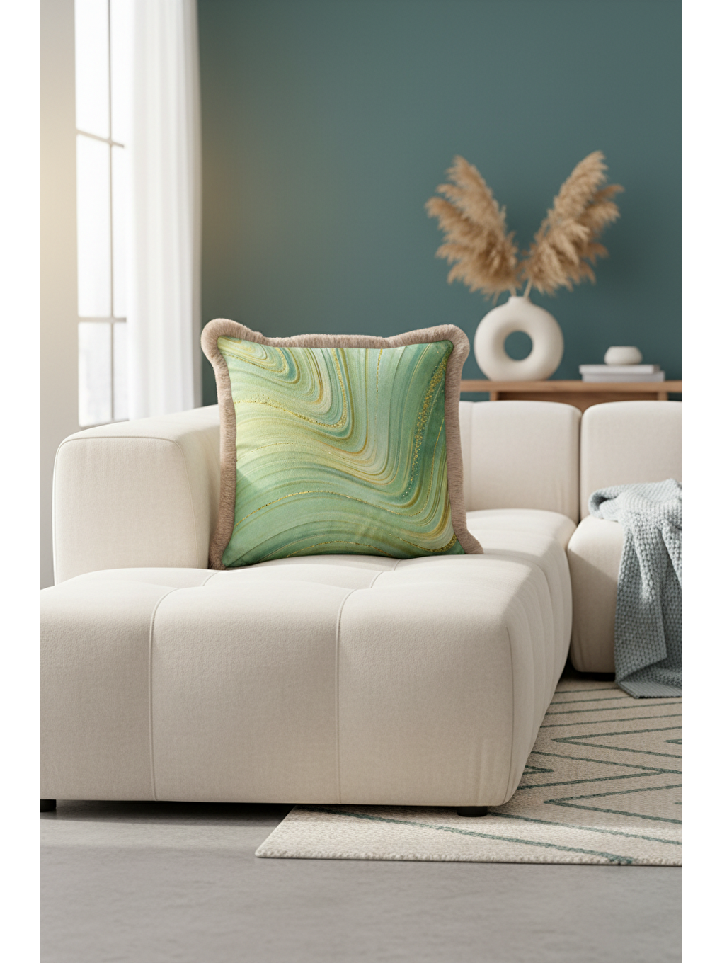 Karışık Mermer Efektli Lüks Saçaklı Yastık Kılıfı - Doğal Bohem Yeşil Altın Renkli Püsküllü Kırlent Kılıfı-4