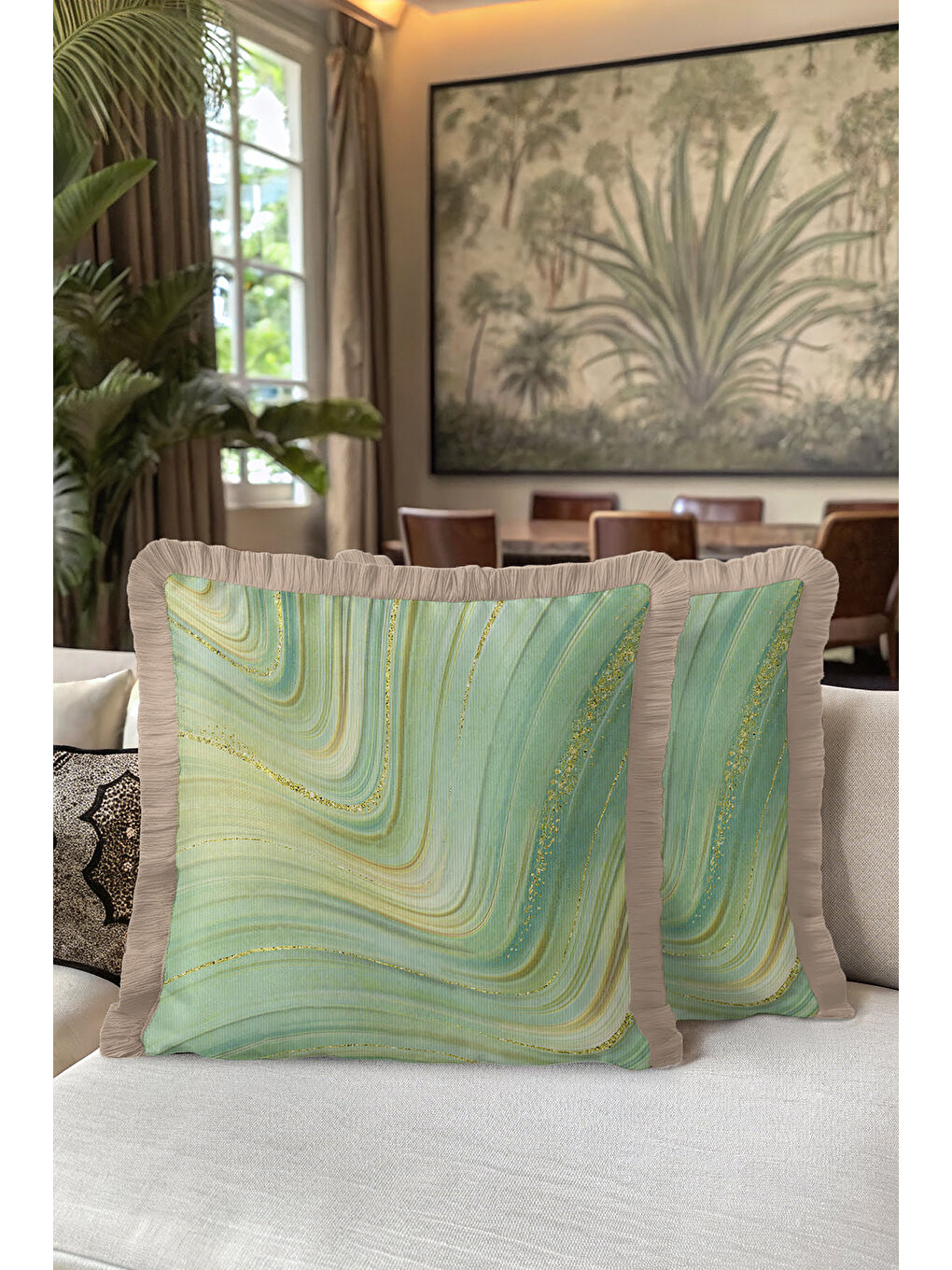 Karışık Mermer Efektli Lüks Saçaklı Yastık Kılıfı - Doğal Bohem Yeşil Altın Renkli Püsküllü Kırlent Kılıfı-5