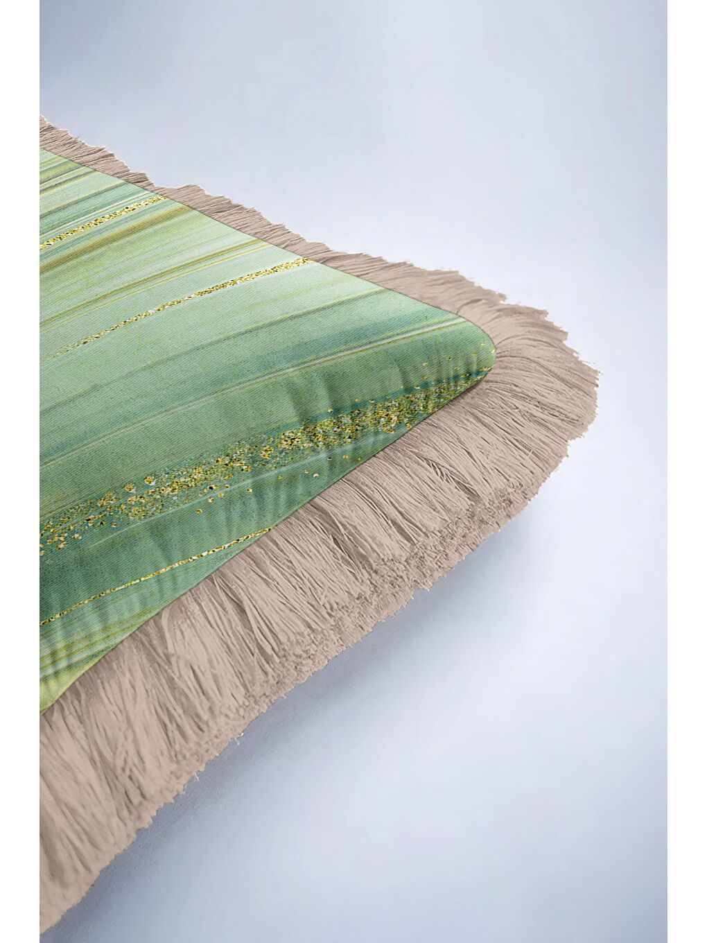 Karışık Mermer Efektli Lüks Saçaklı Yastık Kılıfı - Doğal Bohem Yeşil Altın Renkli Püsküllü Kırlent Kılıfı-6