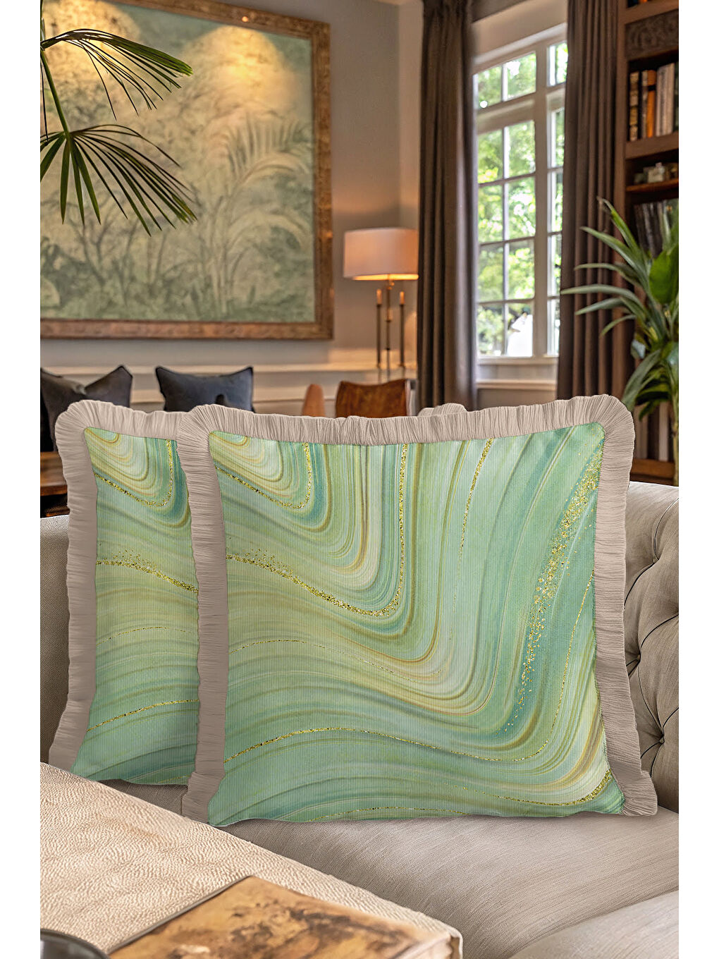 Karışık Mermer Efektli Lüks Saçaklı Yastık Kılıfı - Doğal Bohem Yeşil Altın Renkli Püsküllü Kırlent Kılıfı-7