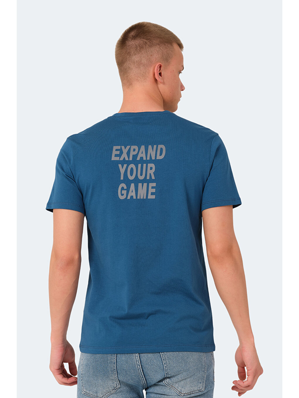 Petrol Bisiklet Yaka Kısa Kollu Arkası Yazı Baskılı Erkek %100 Pamuk Tişört-1