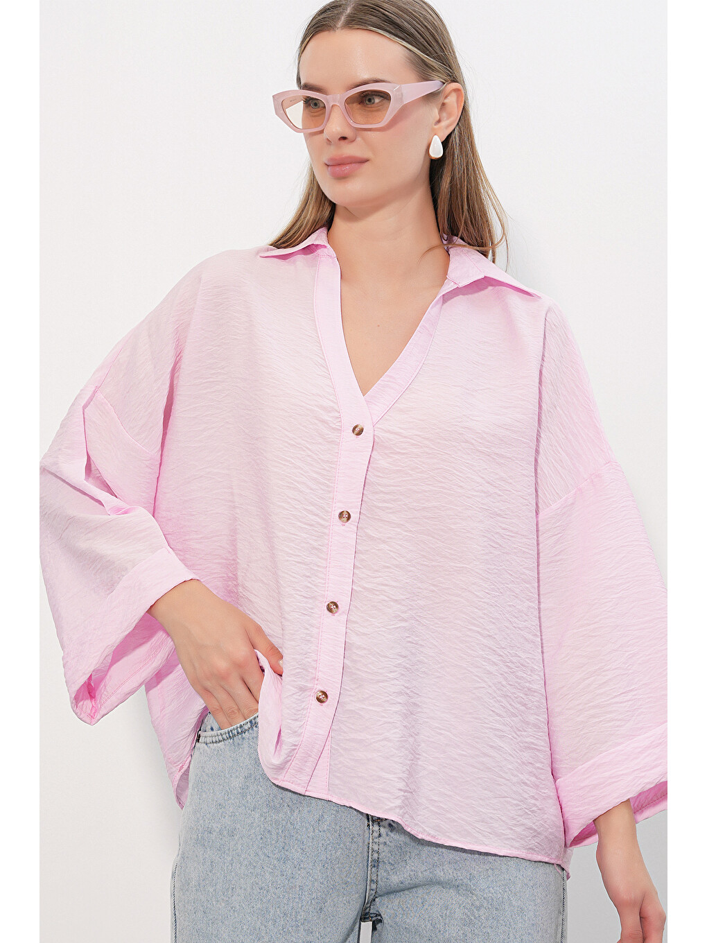 Kadın Geniş Kol Oversize Gömlek 20401 - Pembe