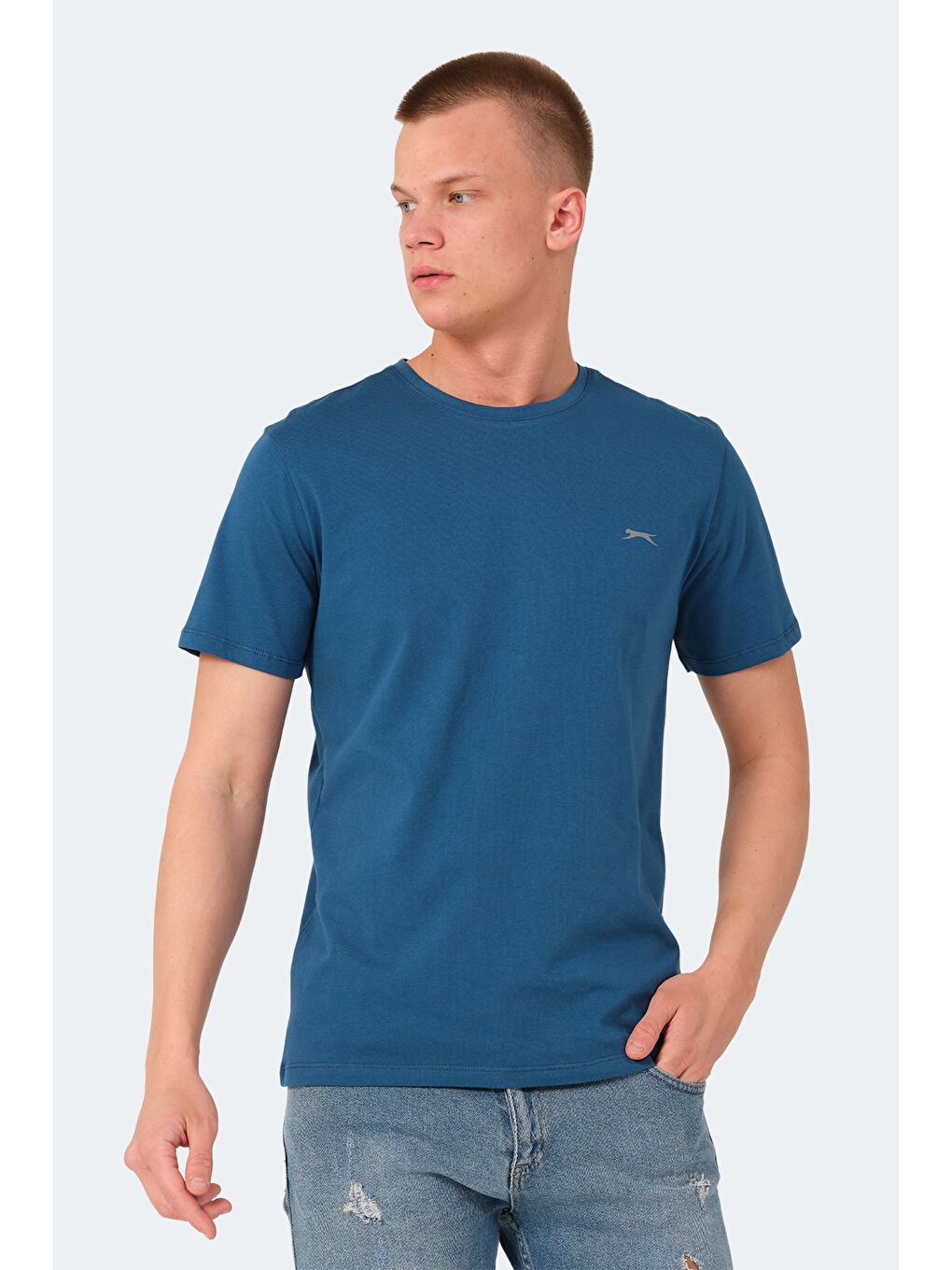 Petrol Bisiklet Yaka Kısa Kollu Arkası Yazı Baskılı Erkek %100 Pamuk Tişört-2