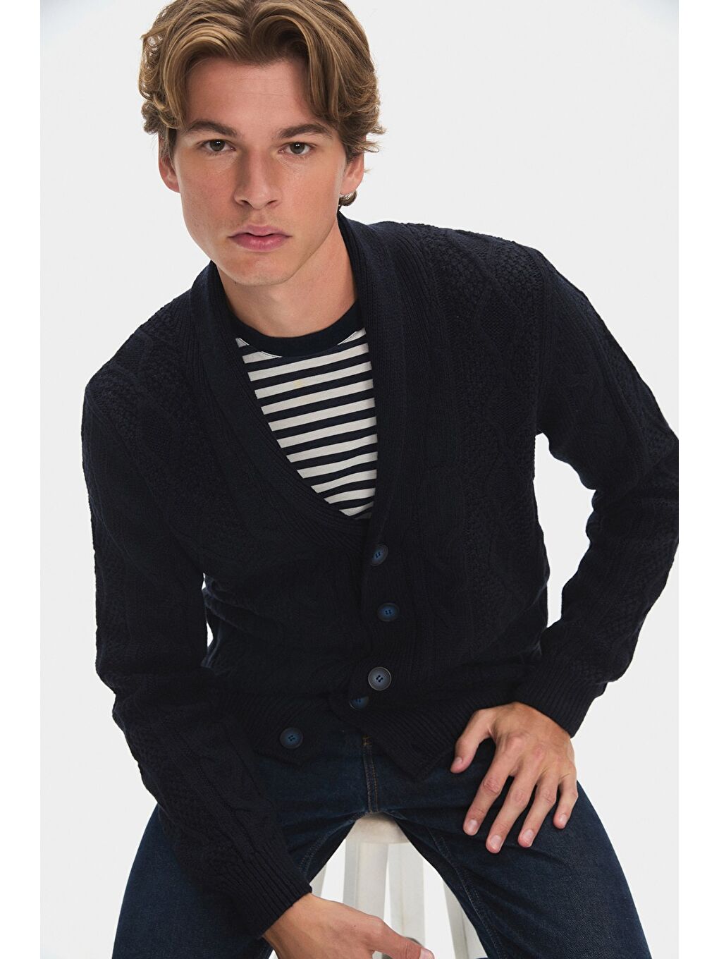 Lacivert Erkek Regular Fit Örgülü Detaylı Şal Yaka Triko Hırka-4