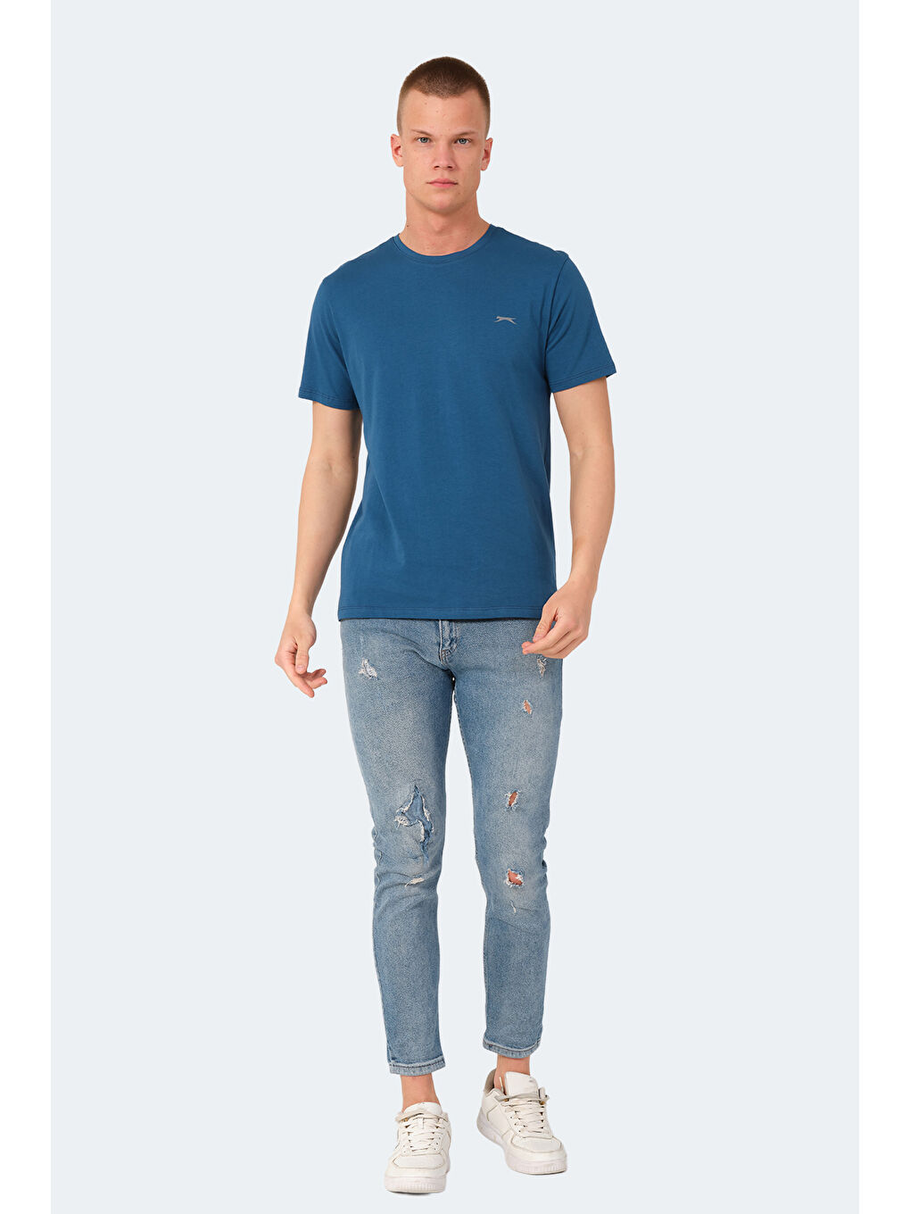 Petrol Bisiklet Yaka Kısa Kollu Arkası Yazı Baskılı Erkek %100 Pamuk Tişört-6