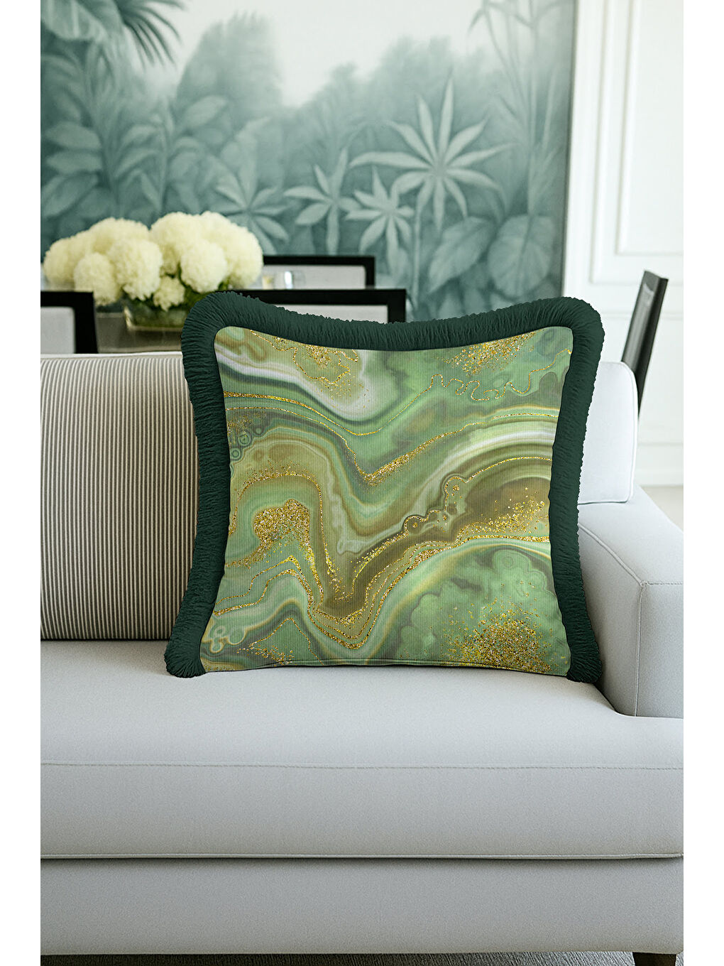 Karışık Mermer Efektli Saçaklı Yastık Kılıfı - Yeşil Altın Renkli Lüks Bohem Püsküllü Kırlent Kılıfı-1