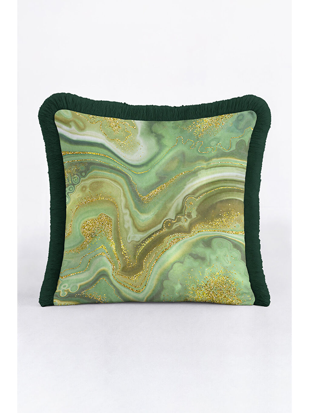 Karışık Mermer Efektli Saçaklı Yastık Kılıfı - Yeşil Altın Renkli Lüks Bohem Püsküllü Kırlent Kılıfı-2