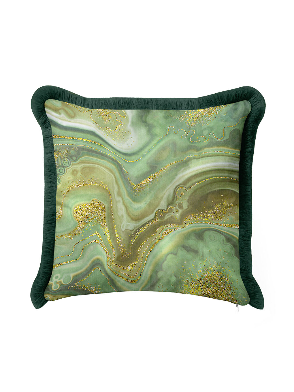 Karışık Mermer Efektli Saçaklı Yastık Kılıfı - Yeşil Altın Renkli Lüks Bohem Püsküllü Kırlent Kılıfı-3