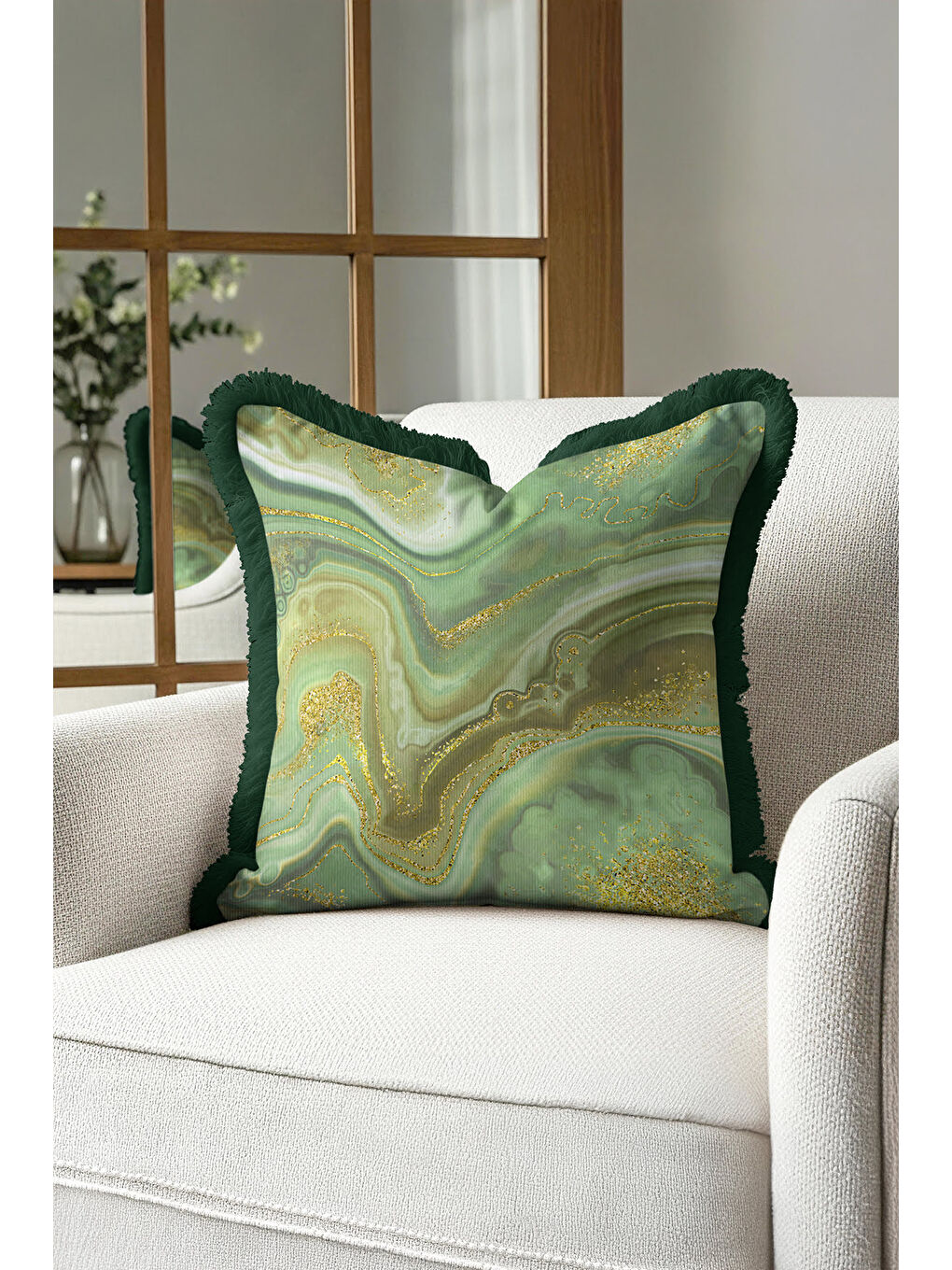 Karışık Mermer Efektli Saçaklı Yastık Kılıfı - Yeşil Altın Renkli Lüks Bohem Püsküllü Kırlent Kılıfı-4