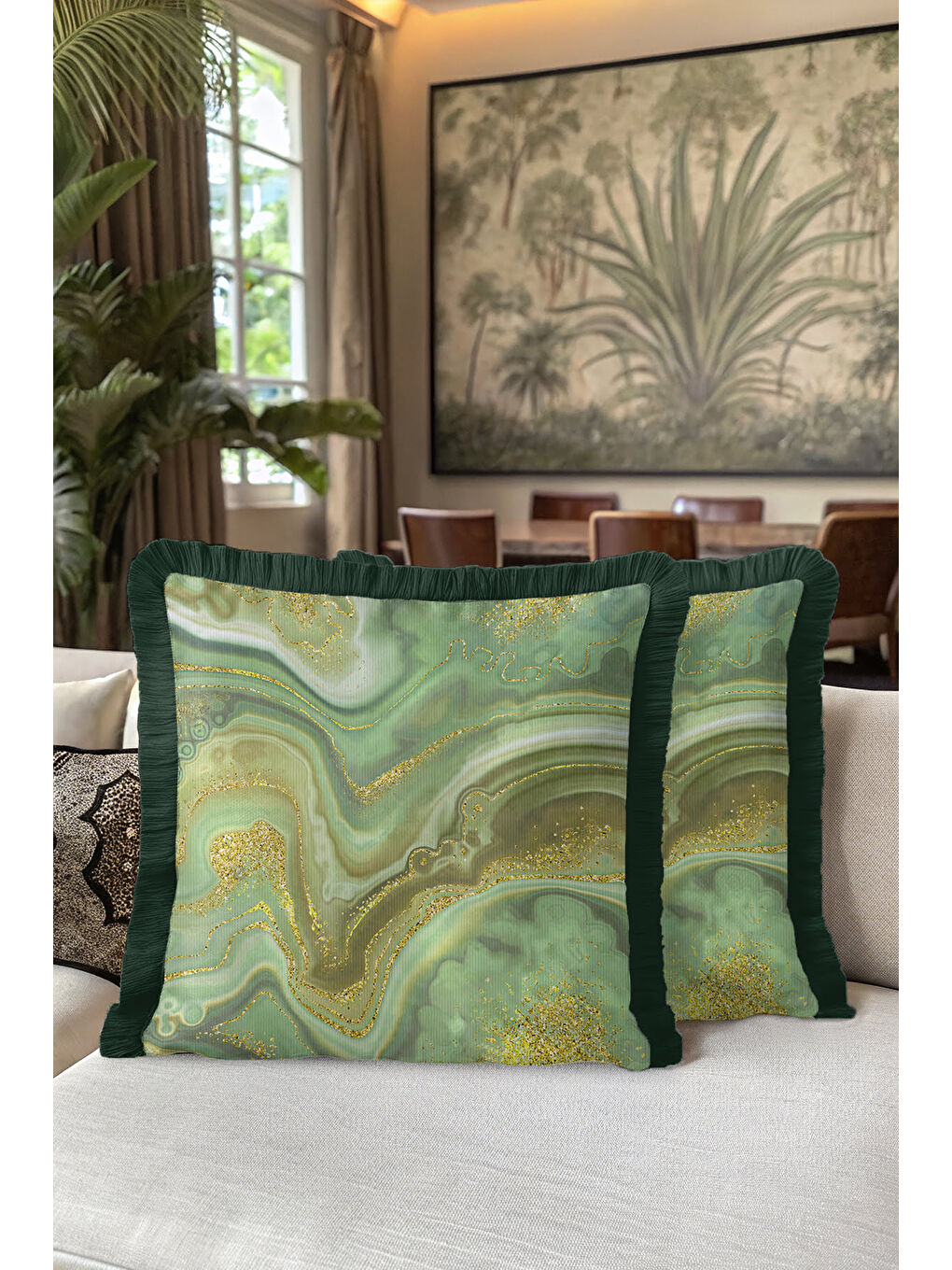 Karışık Mermer Efektli Saçaklı Yastık Kılıfı - Yeşil Altın Renkli Lüks Bohem Püsküllü Kırlent Kılıfı-5