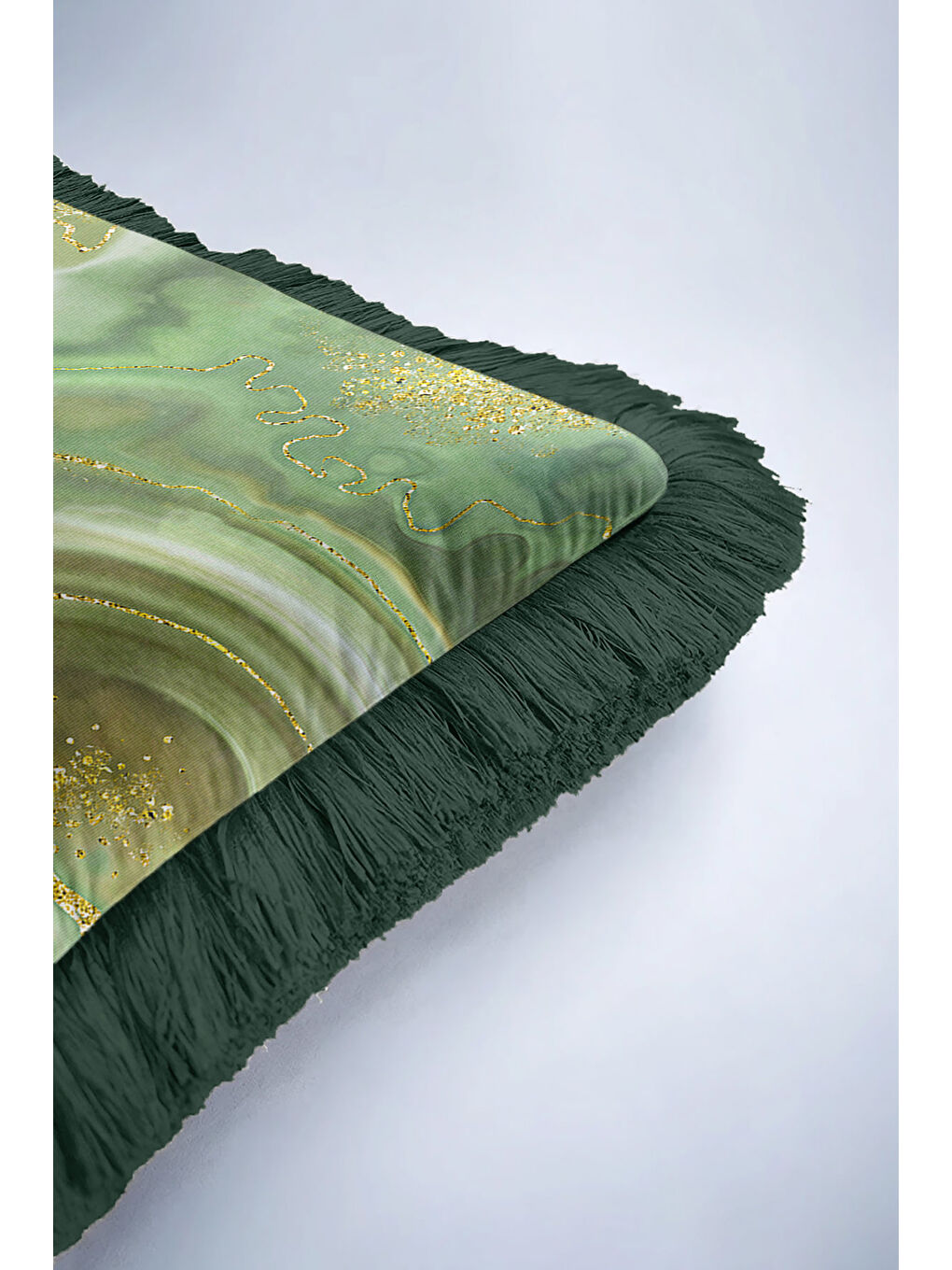 Karışık Mermer Efektli Saçaklı Yastık Kılıfı - Yeşil Altın Renkli Lüks Bohem Püsküllü Kırlent Kılıfı-6