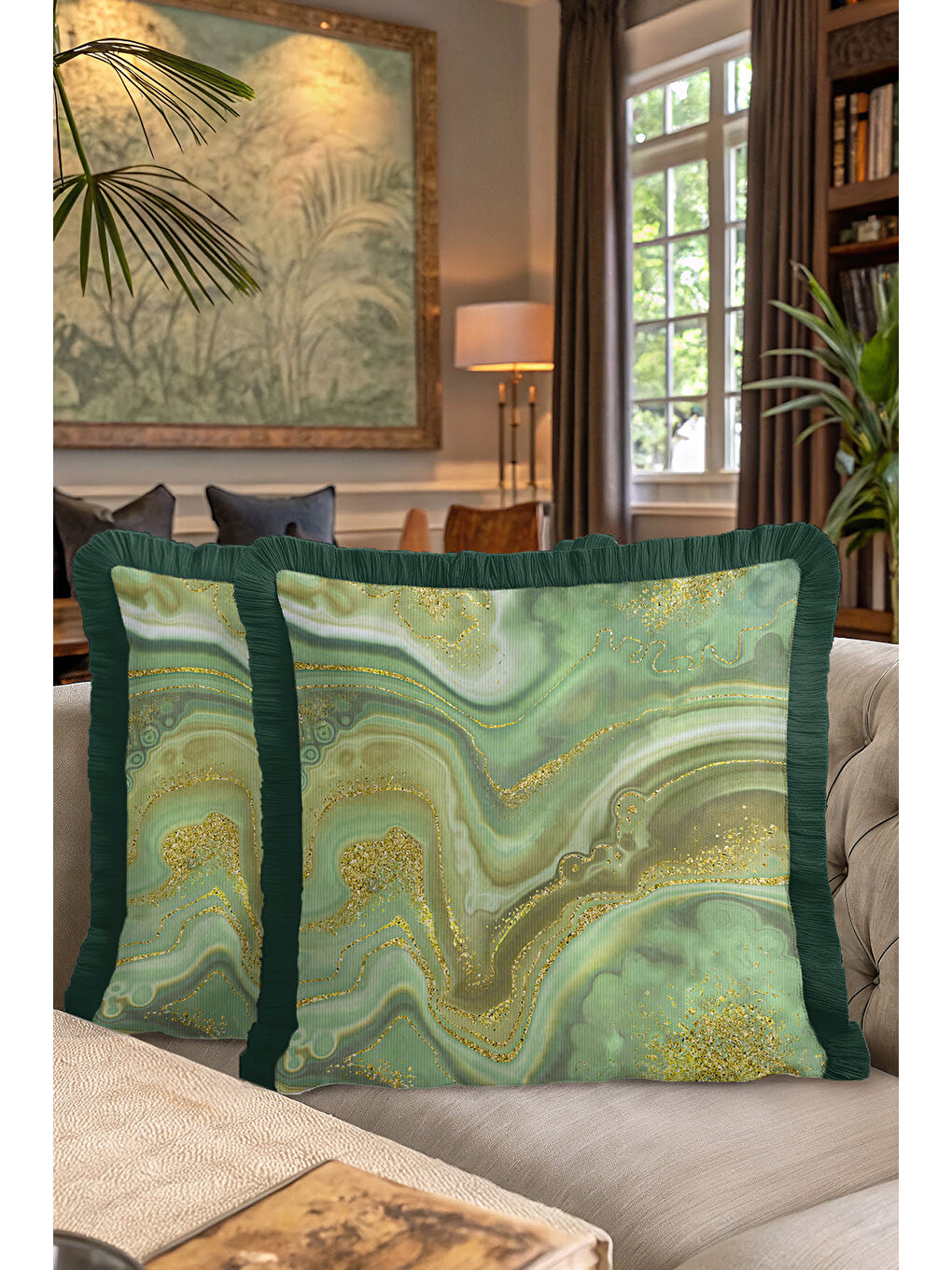 Karışık Mermer Efektli Saçaklı Yastık Kılıfı - Yeşil Altın Renkli Lüks Bohem Püsküllü Kırlent Kılıfı-7