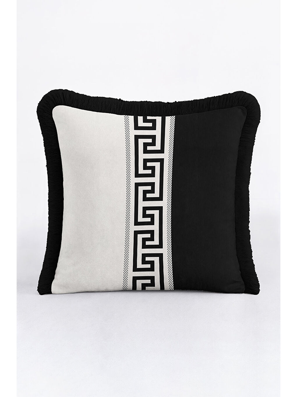 Karışık Lüks Grek Motifli Saçaklı Yastık Kılıfı - Siyah Beyaz Geometrik Modern Püsküllü Kırlent Kılıfı