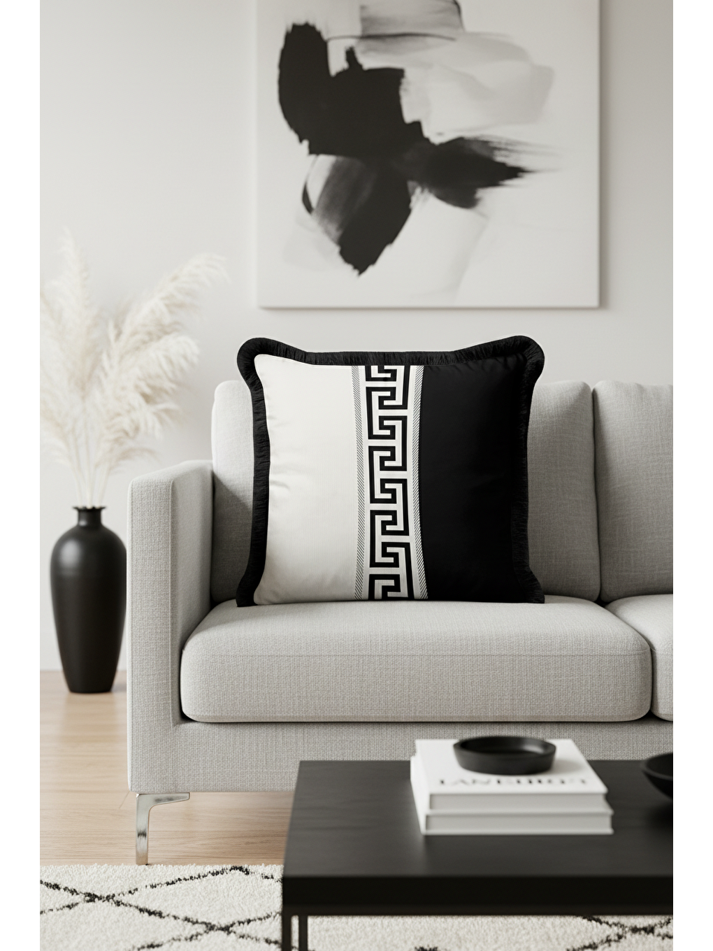 Karışık Lüks Grek Motifli Saçaklı Yastık Kılıfı - Siyah Beyaz Geometrik Modern Püsküllü Kırlent Kılıfı-1