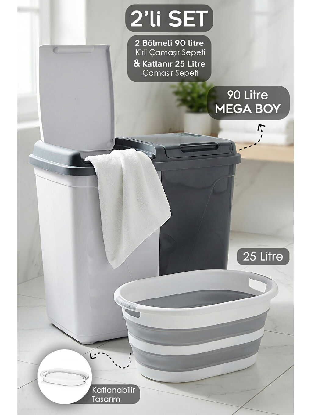 Antrasit 2'li Katlanır Kirli Çamaşır Sepeti Seti 90 l