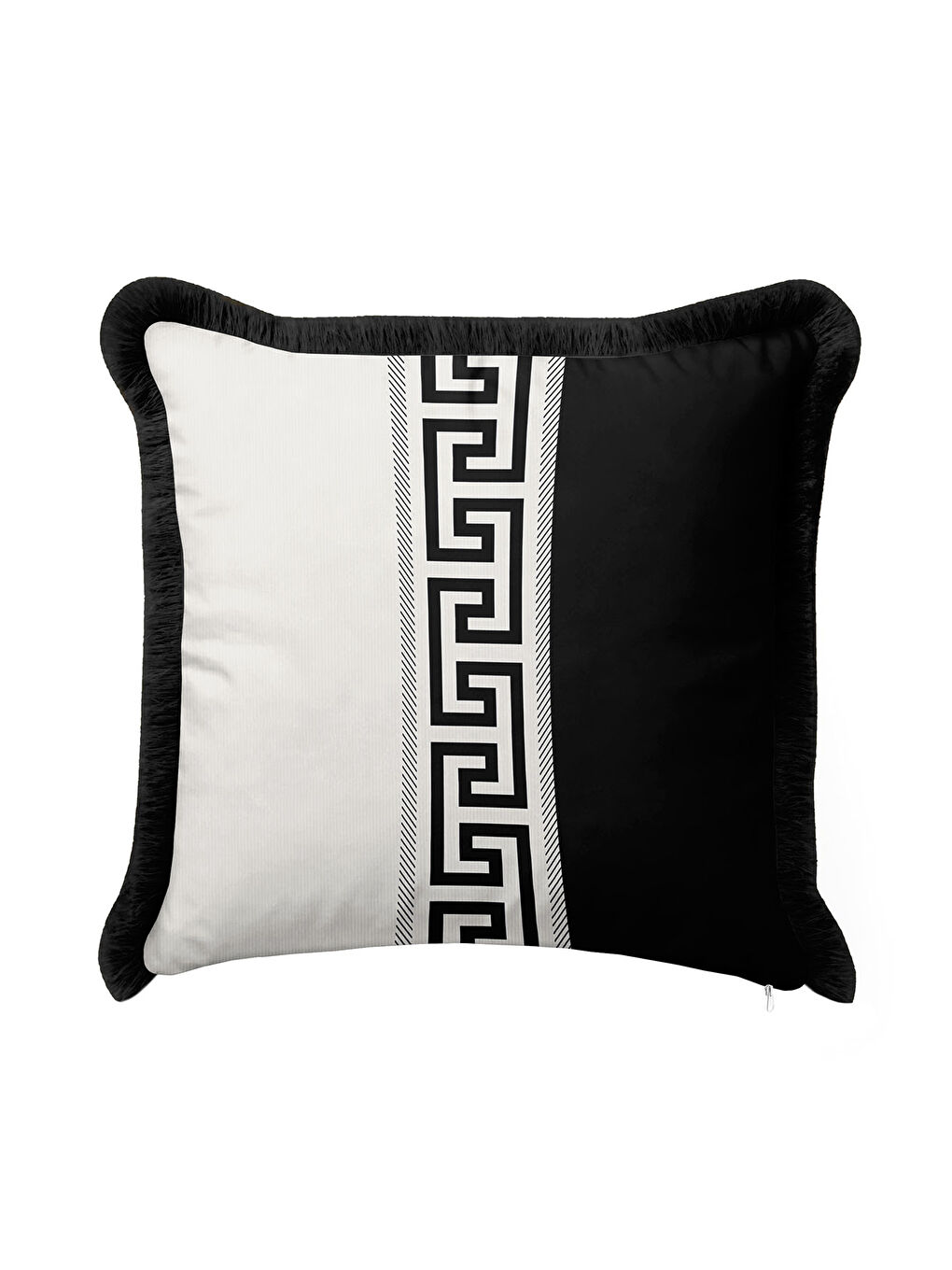 Karışık Lüks Grek Motifli Saçaklı Yastık Kılıfı - Siyah Beyaz Geometrik Modern Püsküllü Kırlent Kılıfı-4