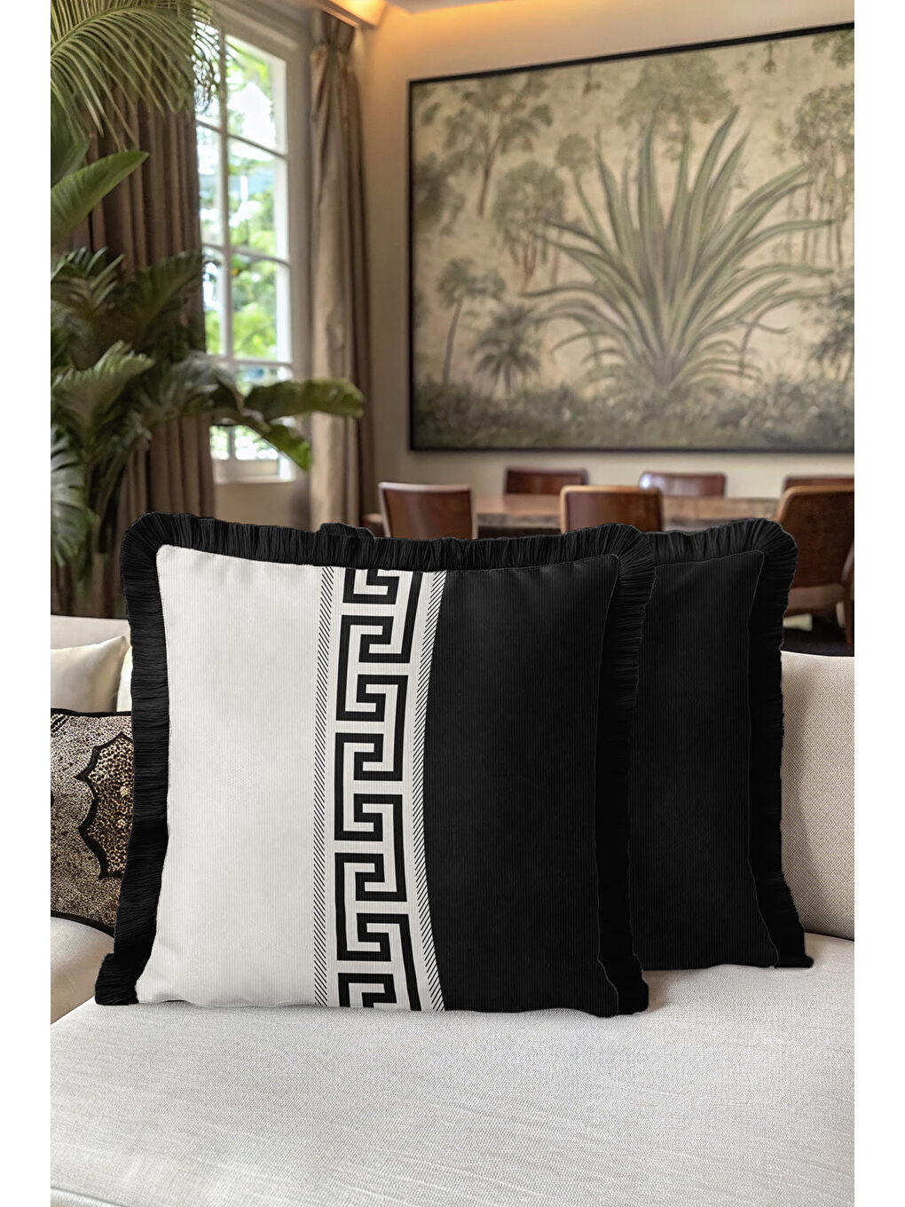 Karışık Lüks Grek Motifli Saçaklı Yastık Kılıfı - Siyah Beyaz Geometrik Modern Püsküllü Kırlent Kılıfı-5