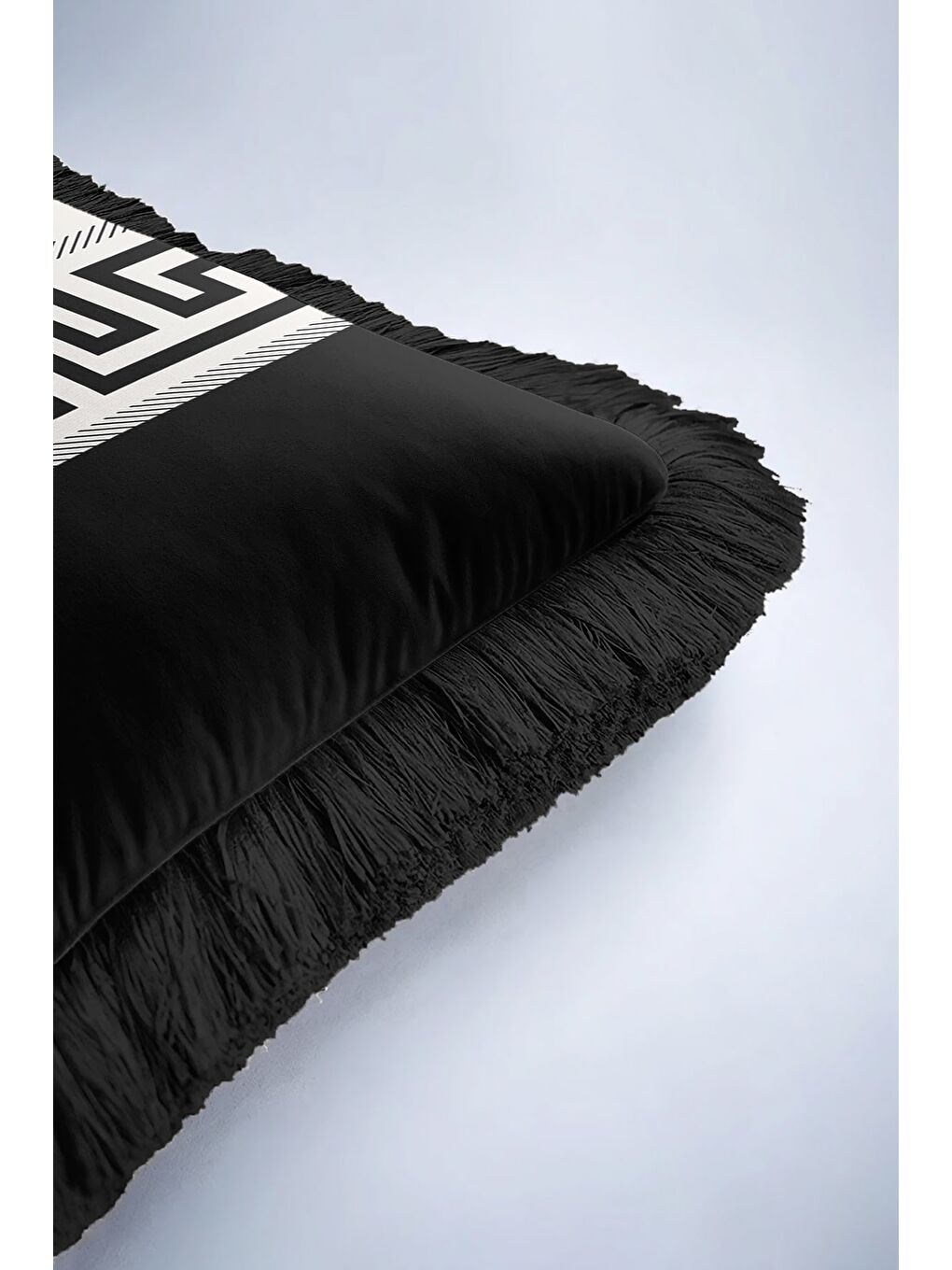 Karışık Lüks Grek Motifli Saçaklı Yastık Kılıfı - Siyah Beyaz Geometrik Modern Püsküllü Kırlent Kılıfı-6