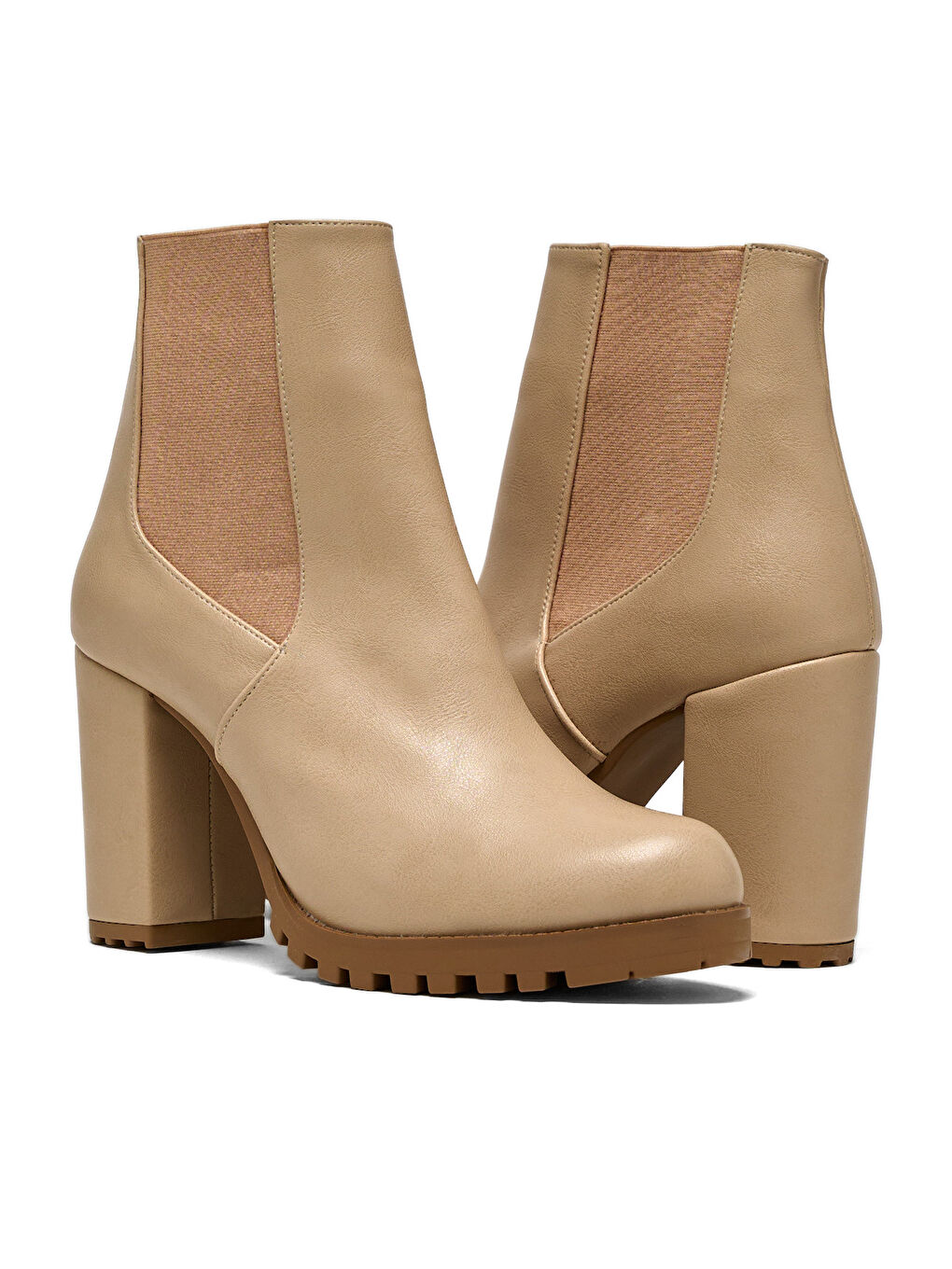 Bej Kadın Vizon Cilt Rahat Kalıp Lastikli Kalın Topuklu Bot-4