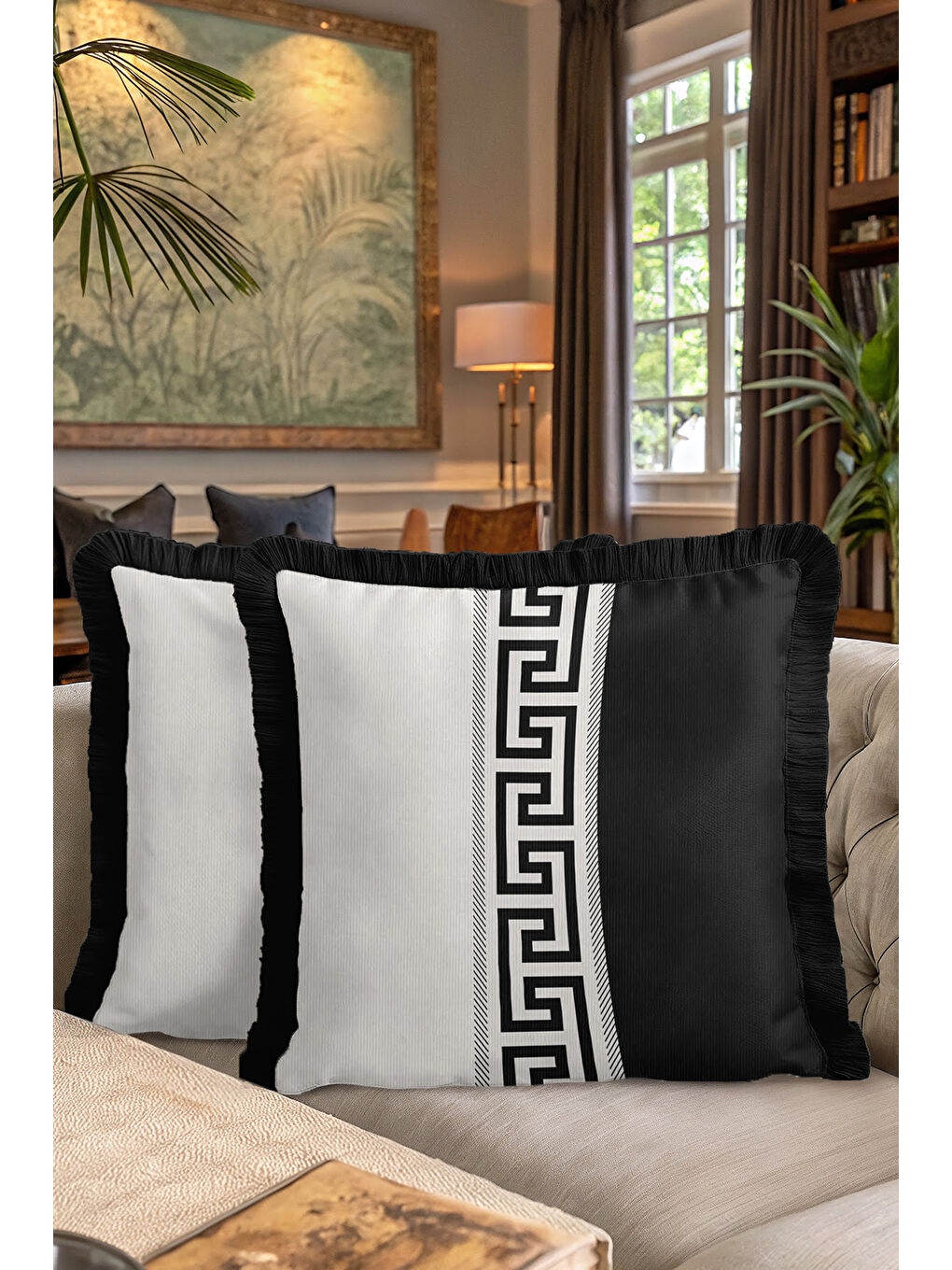 Karışık Lüks Grek Motifli Saçaklı Yastık Kılıfı - Siyah Beyaz Geometrik Modern Püsküllü Kırlent Kılıfı-7