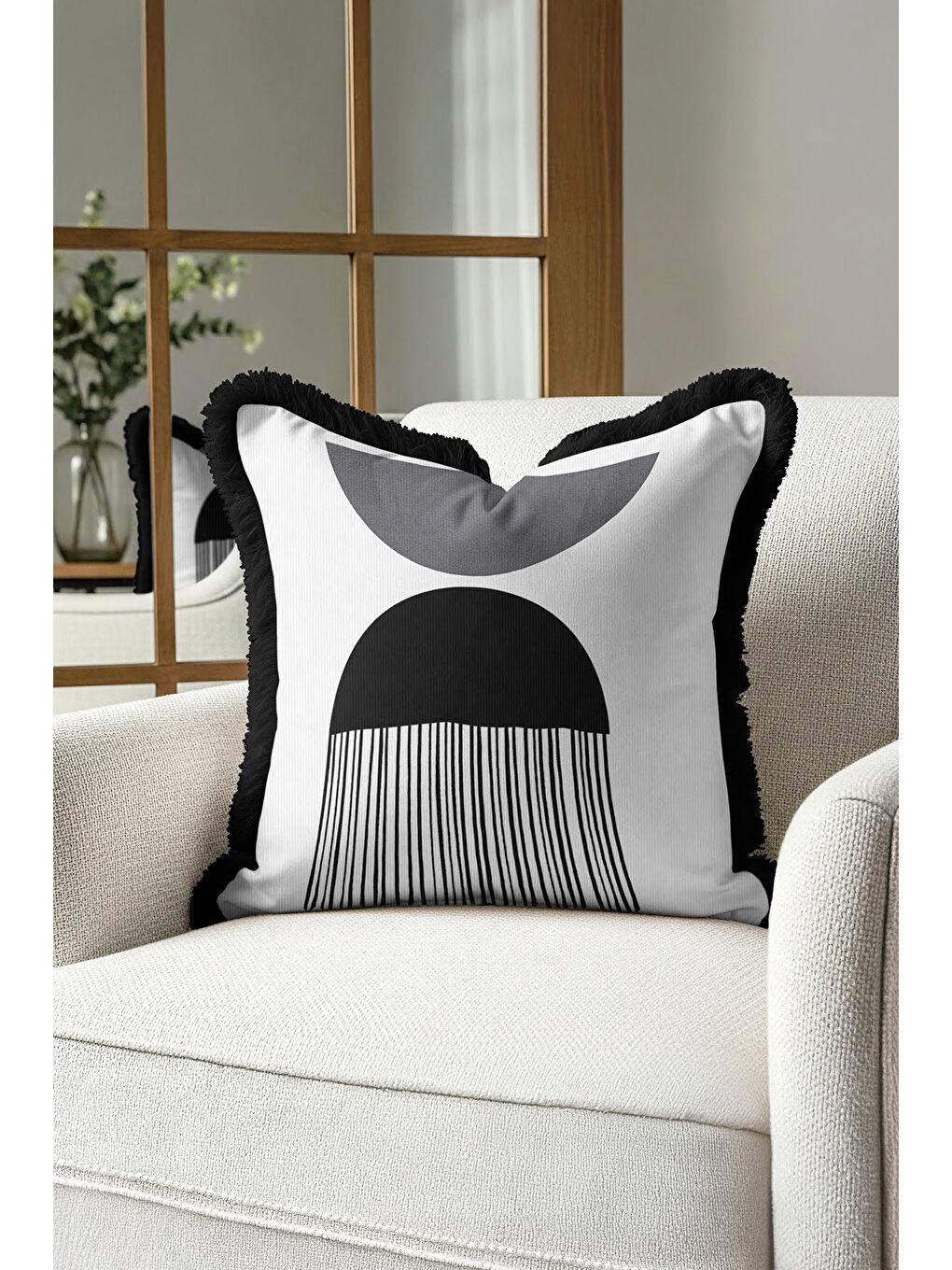 Karışık Geometrik Modern Saçaklı Yastık Kılıfı - Minimalist Lüks İskandinav Siyah Püsküllü Kırlent Kılıfı-1