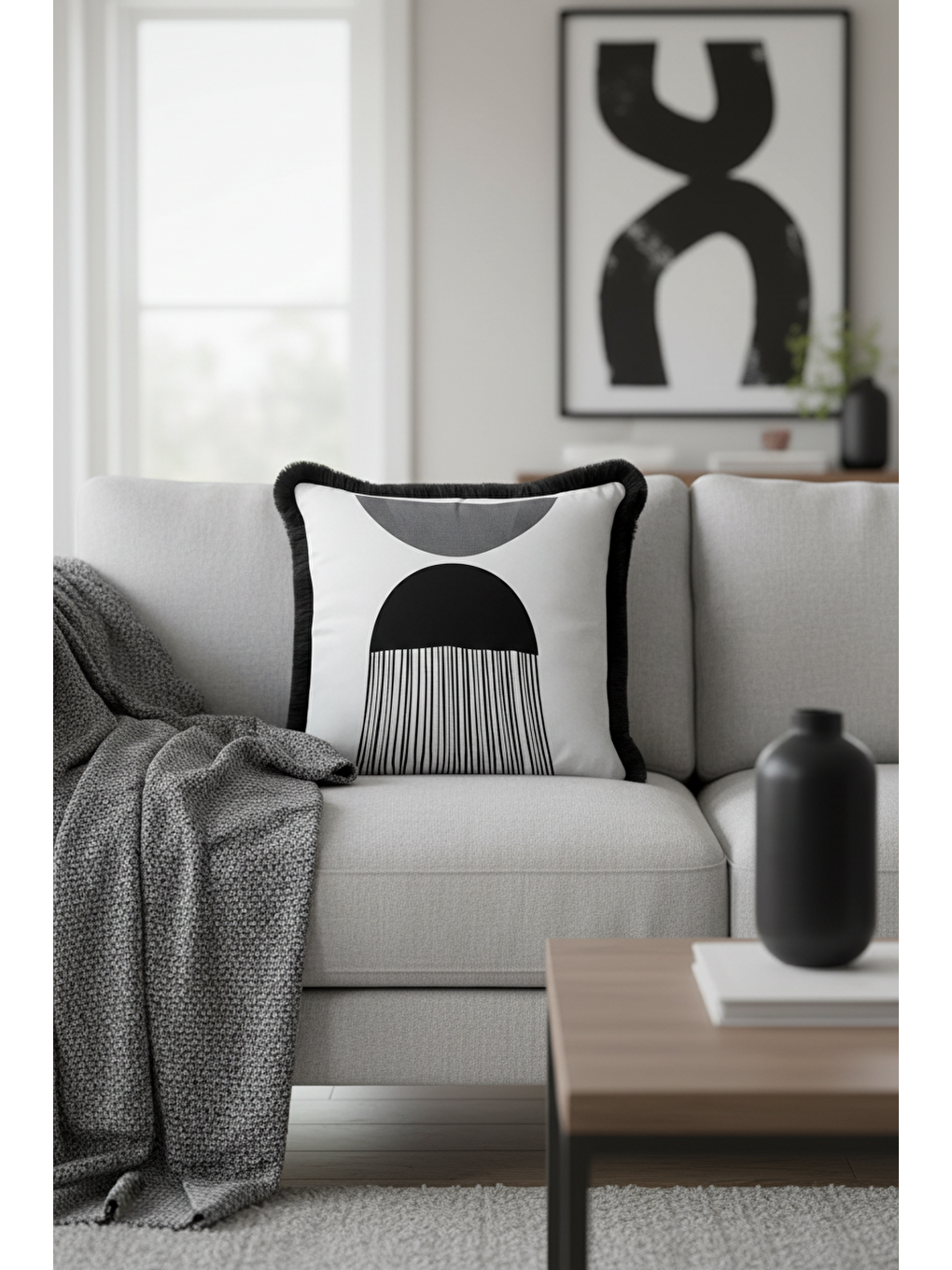 Karışık Geometrik Modern Saçaklı Yastık Kılıfı - Minimalist Lüks İskandinav Siyah Püsküllü Kırlent Kılıfı-2