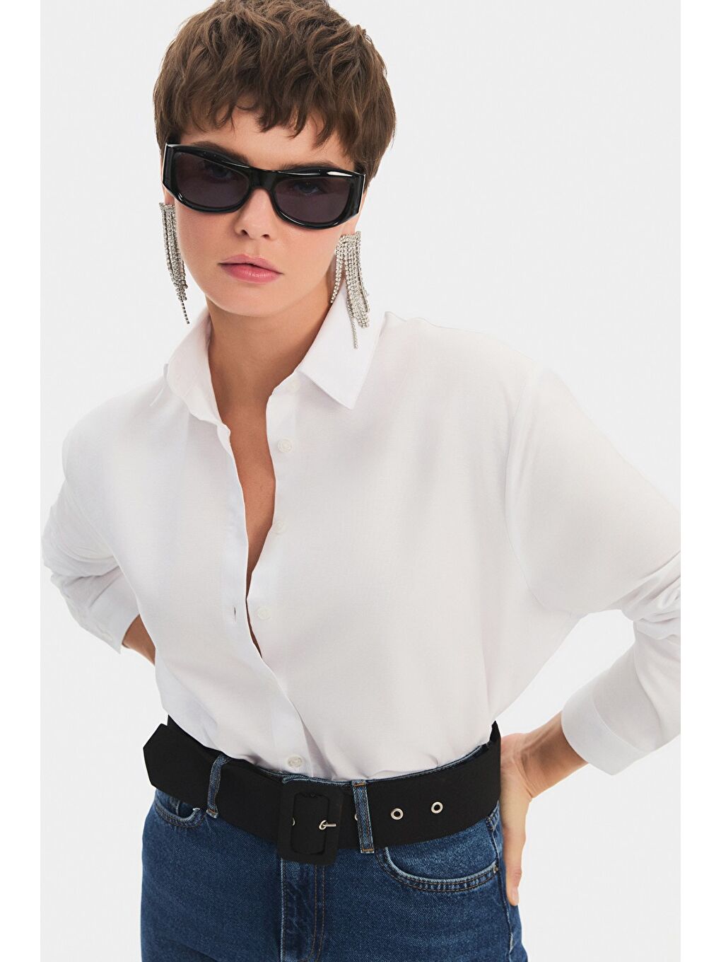 Beyaz Kadın Oversize/Bol Kesim Keten Karışımlı Gömlek-4