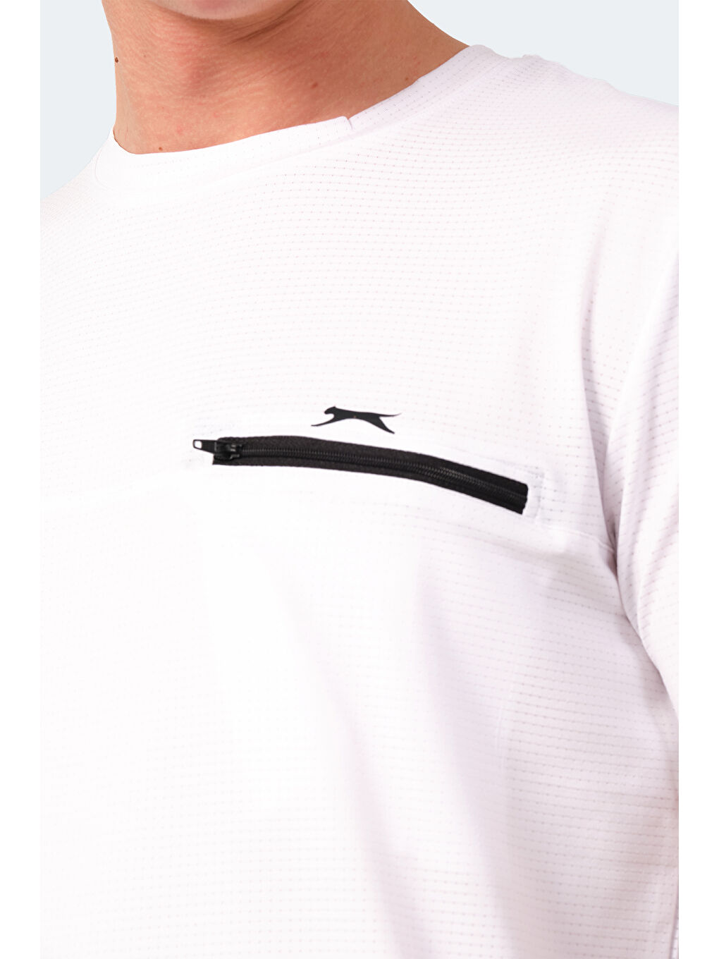 Beyaz Bisiklet Yaka Kısa Kollu Fermuar Cepli Erkek Tişört-2