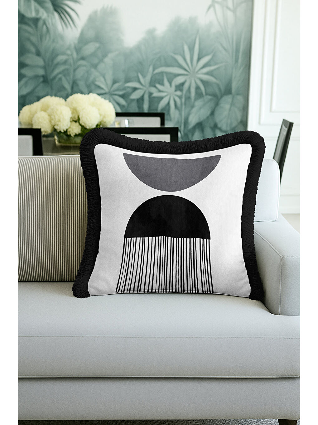 Karışık Geometrik Modern Saçaklı Yastık Kılıfı - Minimalist Lüks İskandinav Siyah Püsküllü Kırlent Kılıfı-4