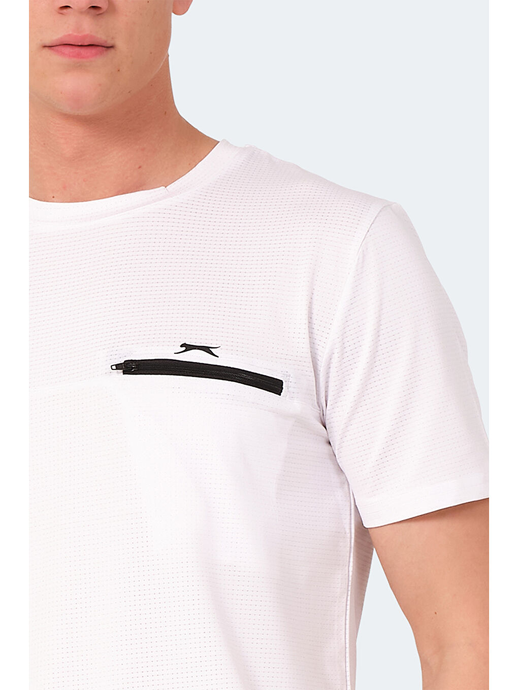 Beyaz Bisiklet Yaka Kısa Kollu Fermuar Cepli Erkek Tişört-4