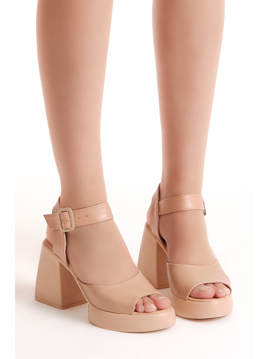 Bej Kadın Nude Cilt Önü Açık Kalın Topuklu Ayakkabı-2