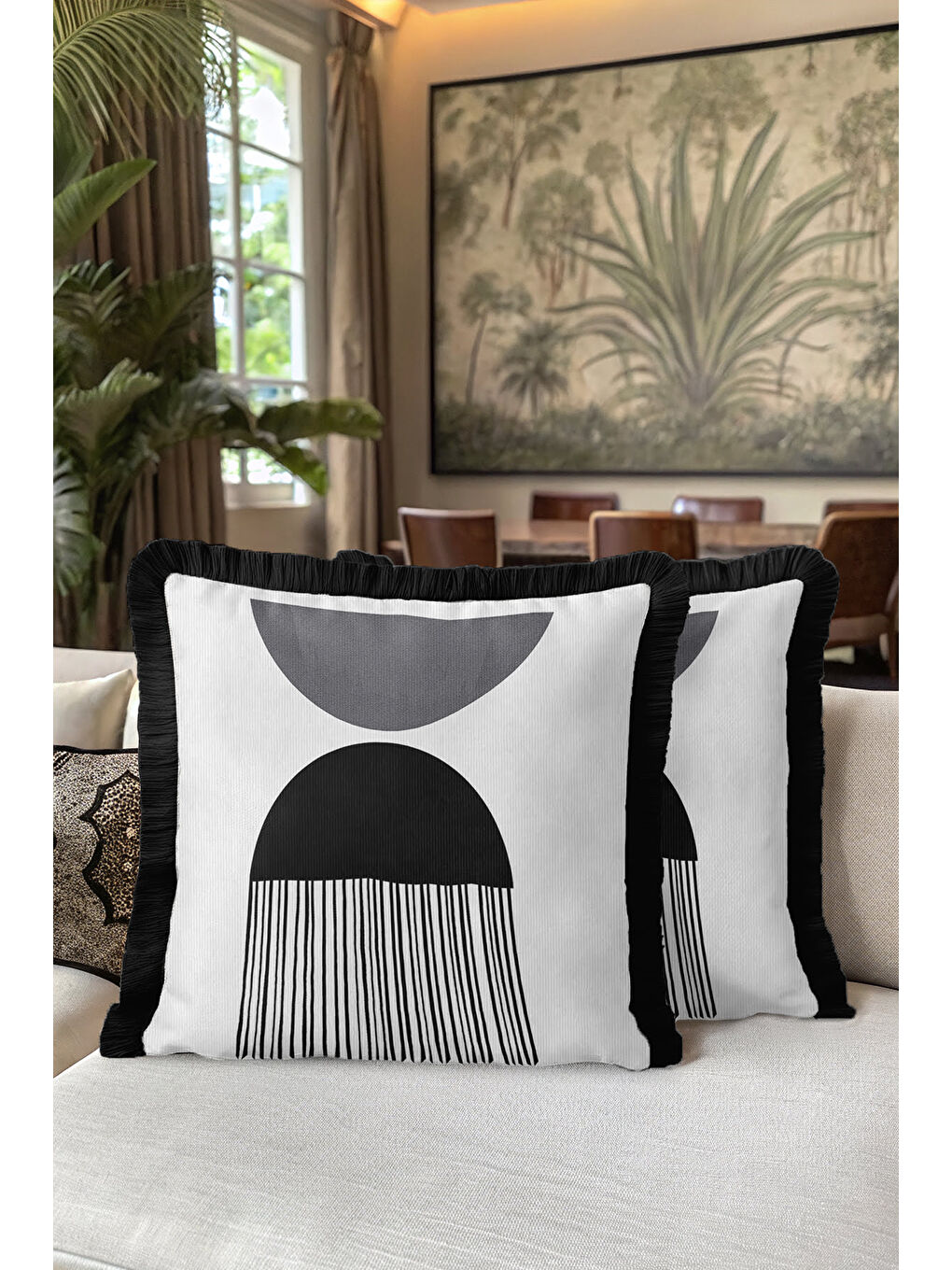 Karışık Geometrik Modern Saçaklı Yastık Kılıfı - Minimalist Lüks İskandinav Siyah Püsküllü Kırlent Kılıfı-5