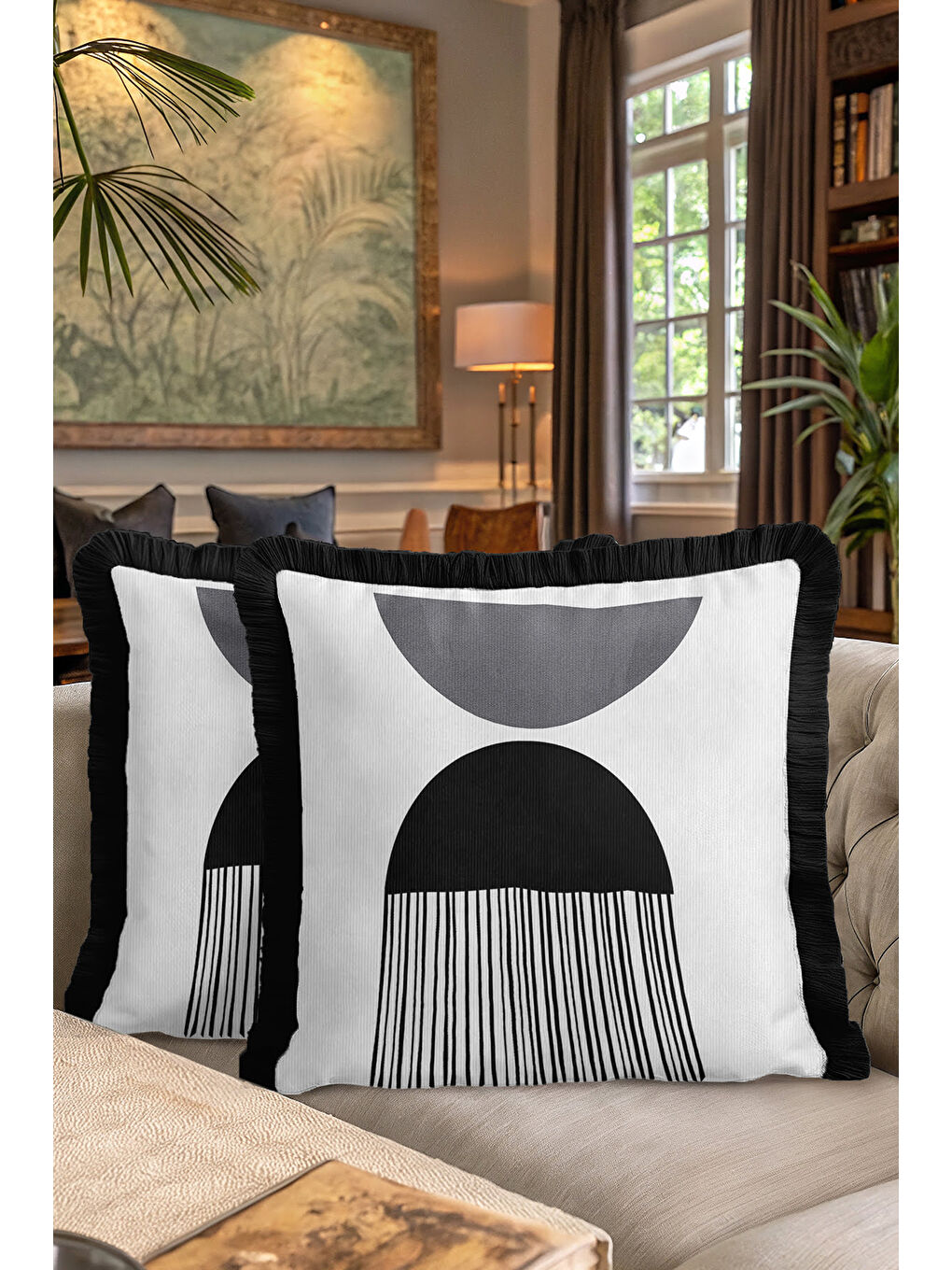 Karışık Geometrik Modern Saçaklı Yastık Kılıfı - Minimalist Lüks İskandinav Siyah Püsküllü Kırlent Kılıfı-7