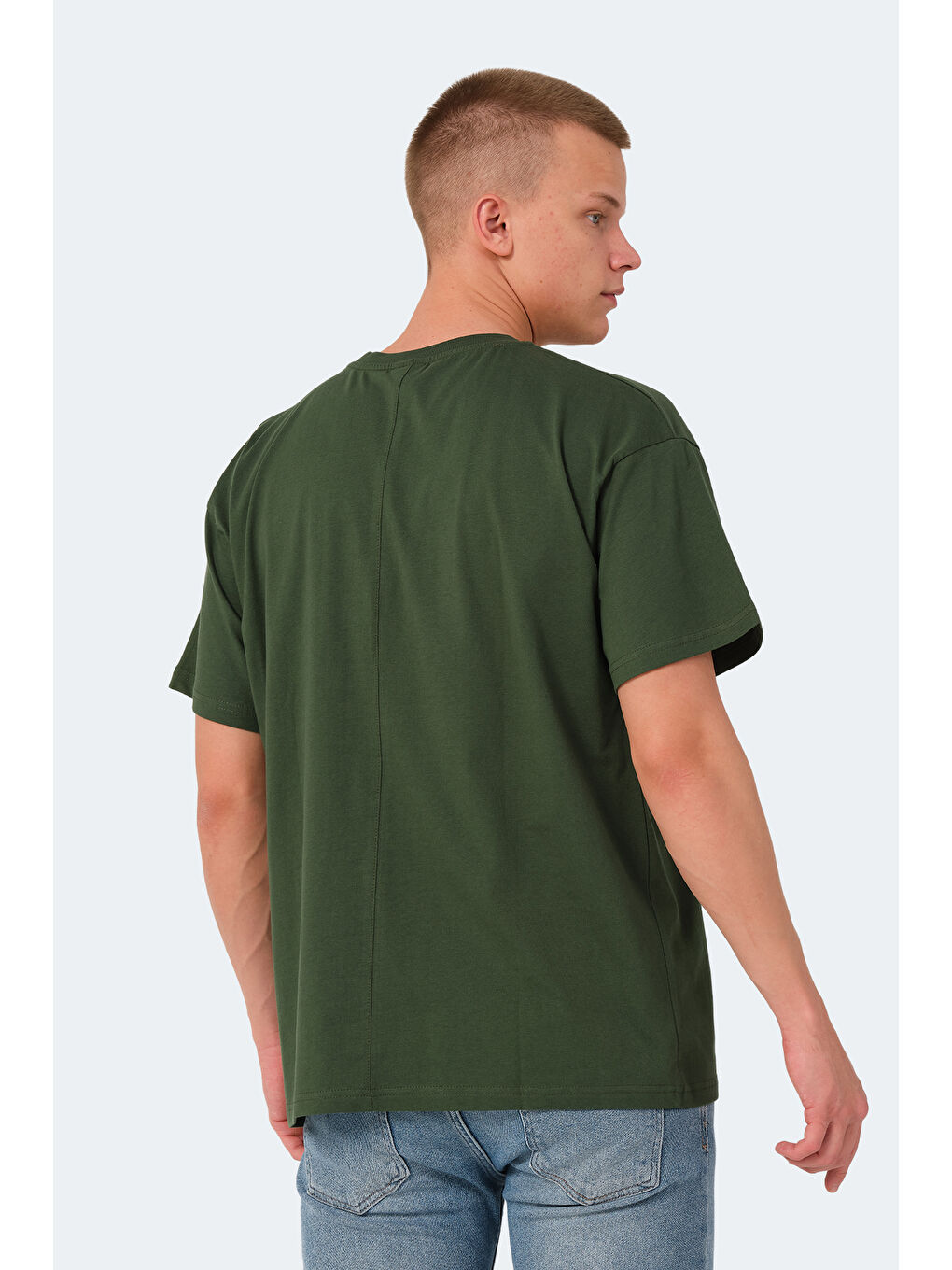 Haki Bisiklet Yaka Kısa Kollu Oversize Erkek Tişört-1