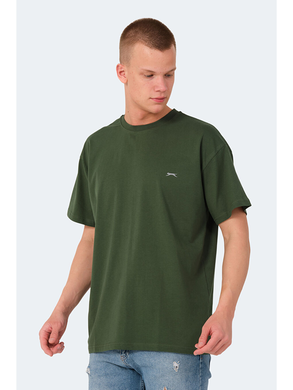 Haki Bisiklet Yaka Kısa Kollu Oversize Erkek Tişört-2