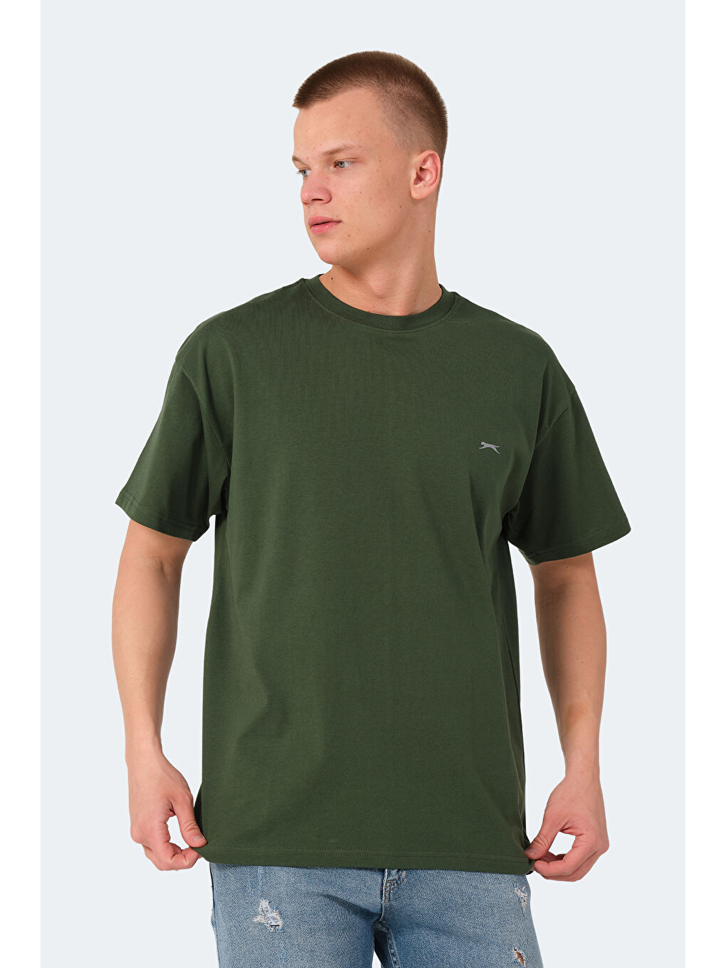 Haki Bisiklet Yaka Kısa Kollu Oversize Erkek Tişört-3