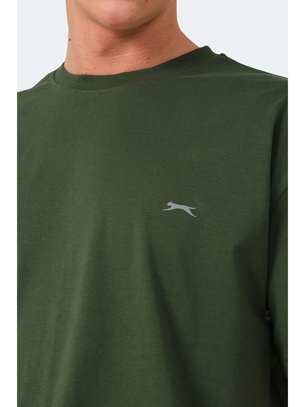 Haki Bisiklet Yaka Kısa Kollu Oversize Erkek Tişört-4