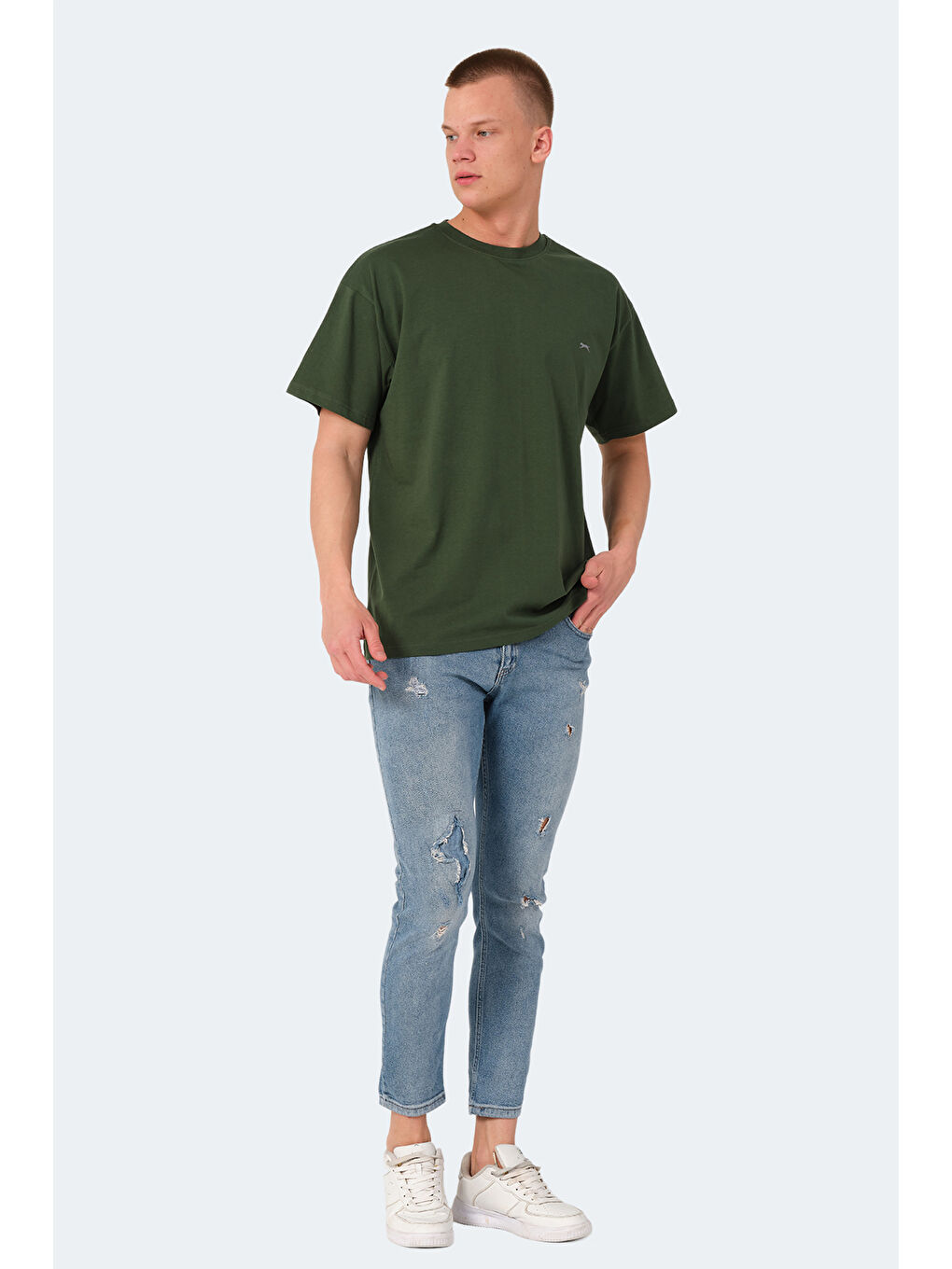 Haki Bisiklet Yaka Kısa Kollu Oversize Erkek Tişört-5