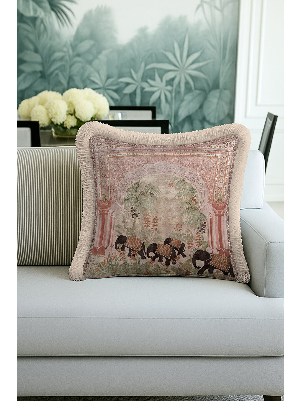 Karışık Hint Saray Stili Saçaklı Yastık Kılıfı - Egzotik Bohem Doğal Bej Püsküllü Kırlent Kılıfı-2