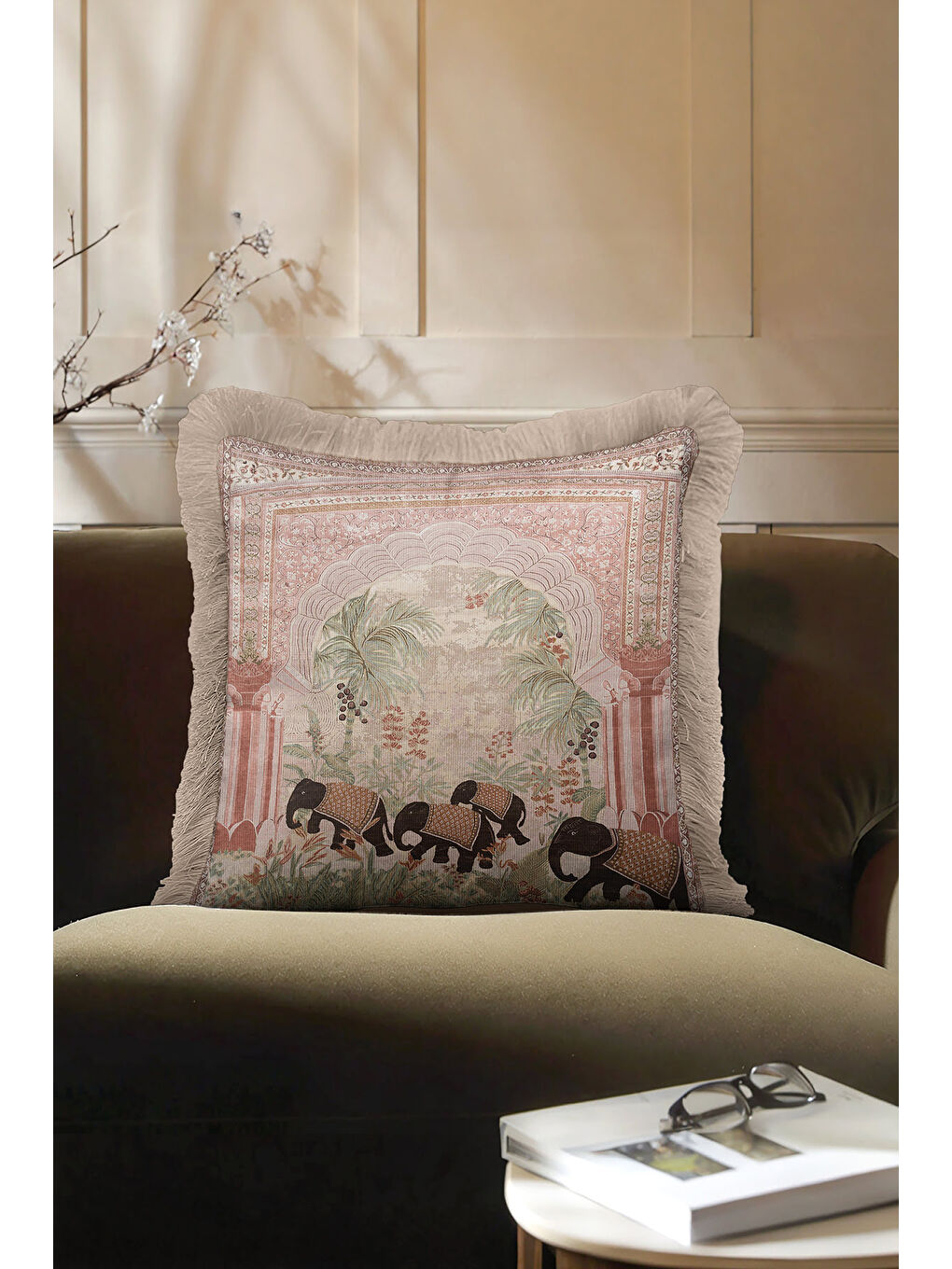 Karışık Hint Saray Stili Saçaklı Yastık Kılıfı - Egzotik Bohem Doğal Bej Püsküllü Kırlent Kılıfı-4