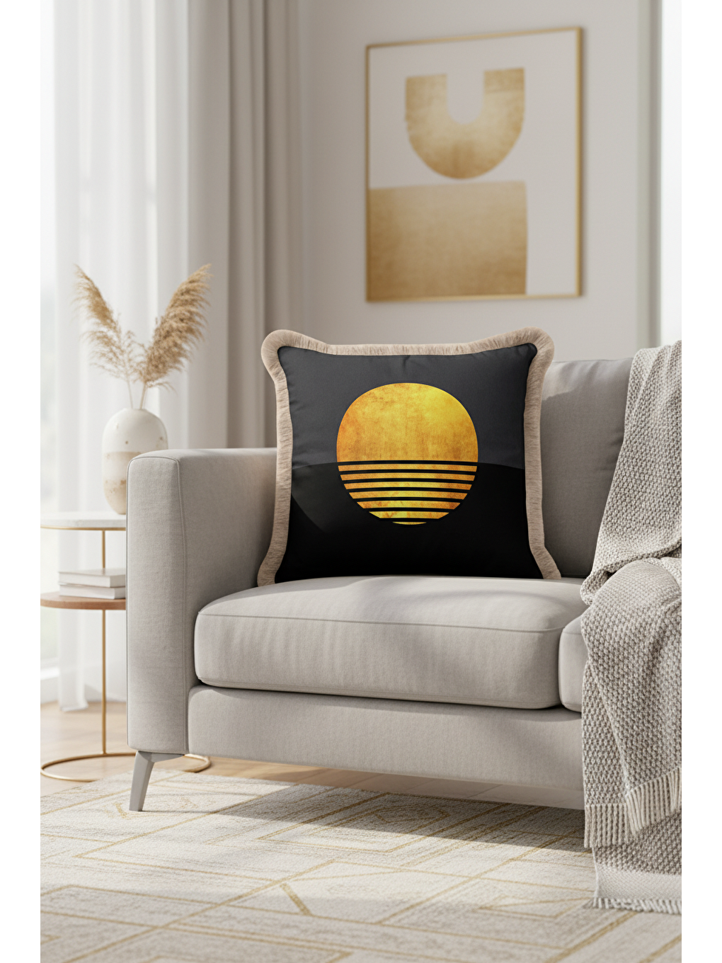 Karışık Lüks Geometrik Saçaklı Yastık Kılıfı - Minimalist Modern Antrasit Altın Renk Püsküllü Kırlent Kılıfı-1